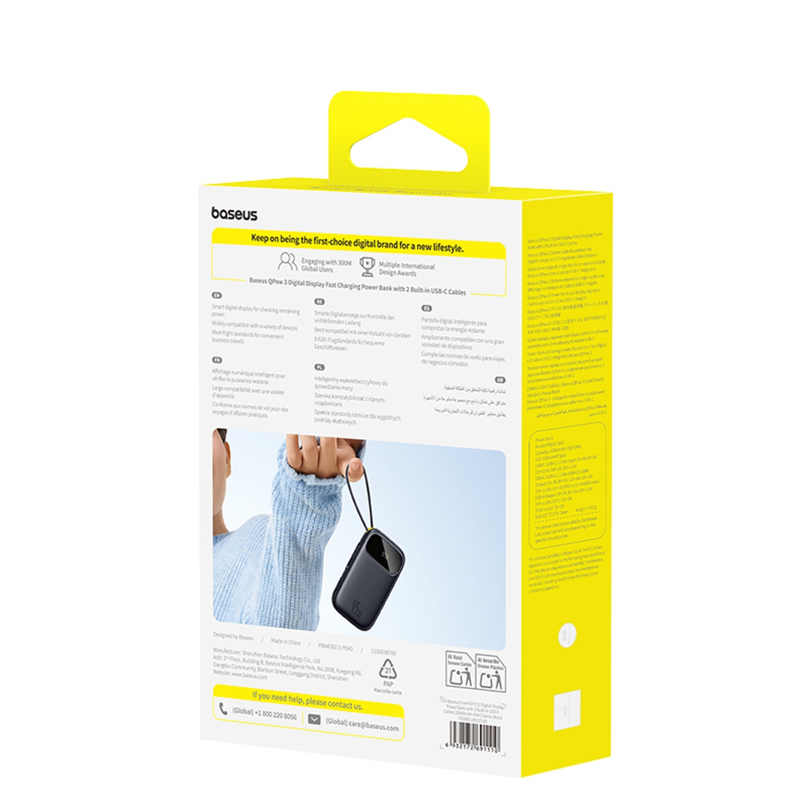 Powerbank 20000mah Usb-a Usb-c Su Ekranu Ir 2 Integruotais Laidais 45w - Juodas