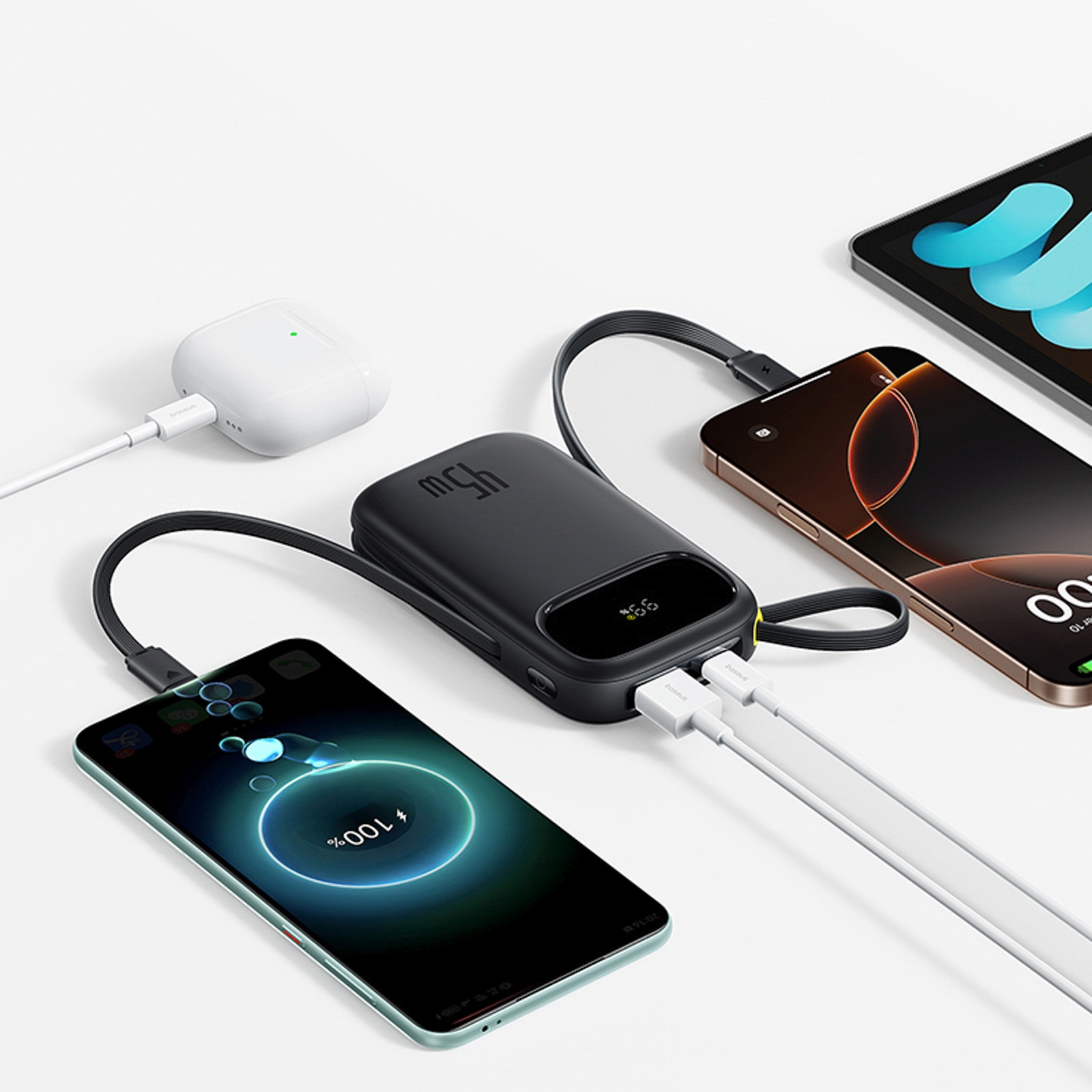 Powerbank 20000mah Usb-a Usb-c Su Ekranu Ir 2 Integruotais Laidais 45w - Juodas