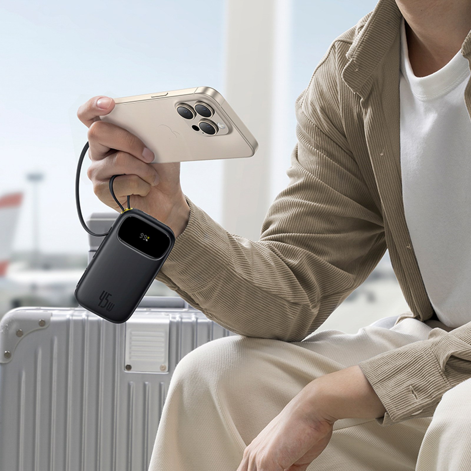 Powerbank 20000mah Usb-a Usb-c Su Ekranu Ir 2 Integruotais Laidais 45w - Juodas