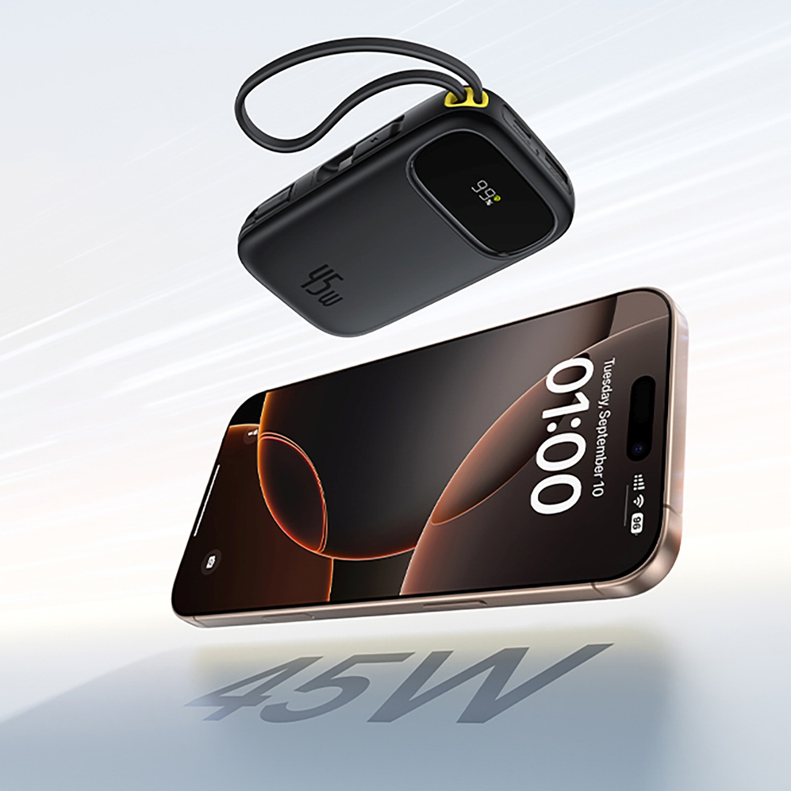 Powerbank 20000mah Usb-a Usb-c Su Ekranu Ir 2 Integruotais Laidais 45w - Juodas