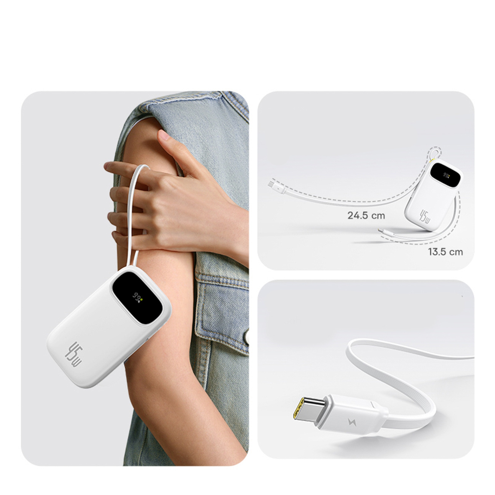 Powerbank 20000mah Usb-a Usb-c Su Ekranu Ir 2 Integruotais Laidais 45w - Baltas