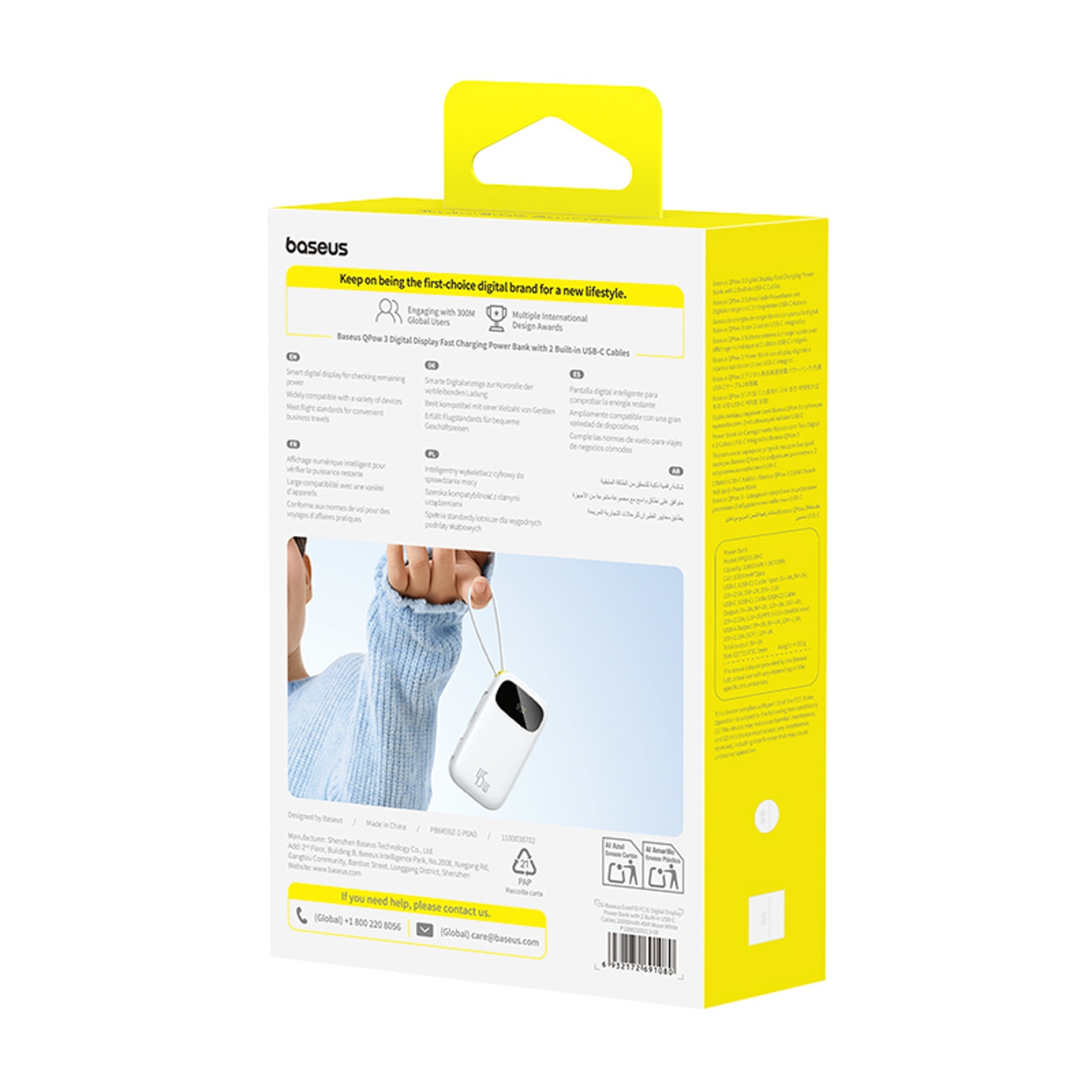 Powerbank 20000mah Usb-a Usb-c Su Ekranu Ir 2 Integruotais Laidais 45w - Baltas