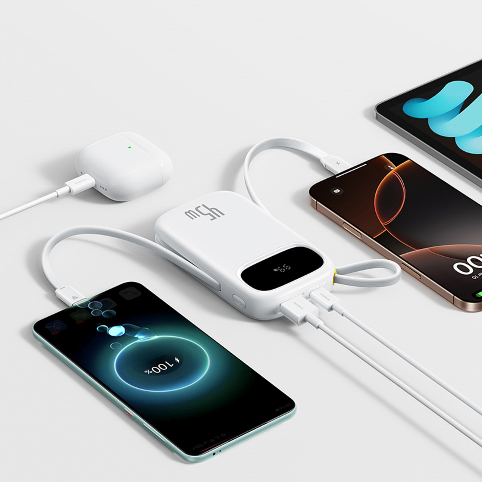 Powerbank 20000mah Usb-a Usb-c Su Ekranu Ir 2 Integruotais Laidais 45w - Baltas