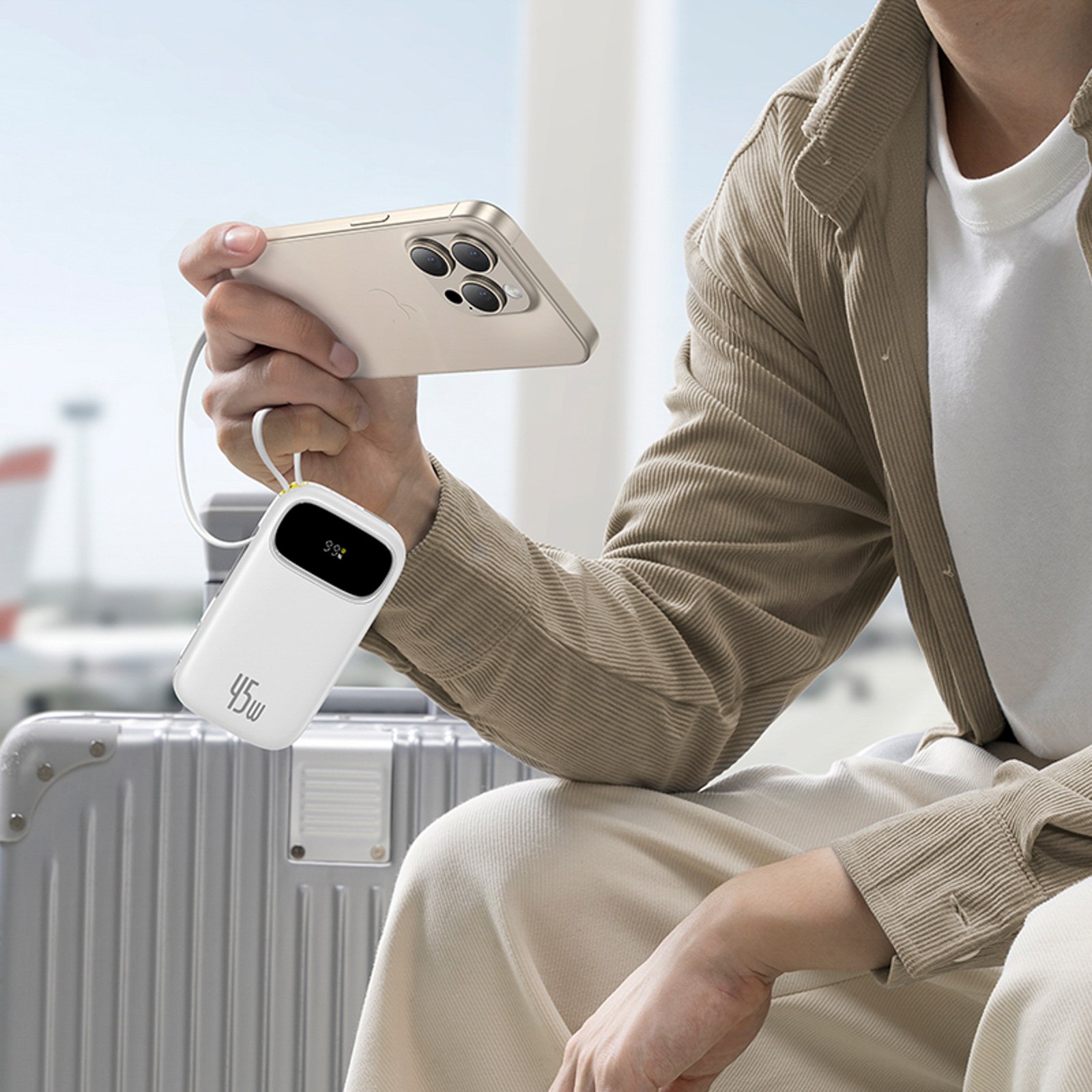 Powerbank 20000mah Usb-a Usb-c Su Ekranu Ir 2 Integruotais Laidais 45w - Baltas