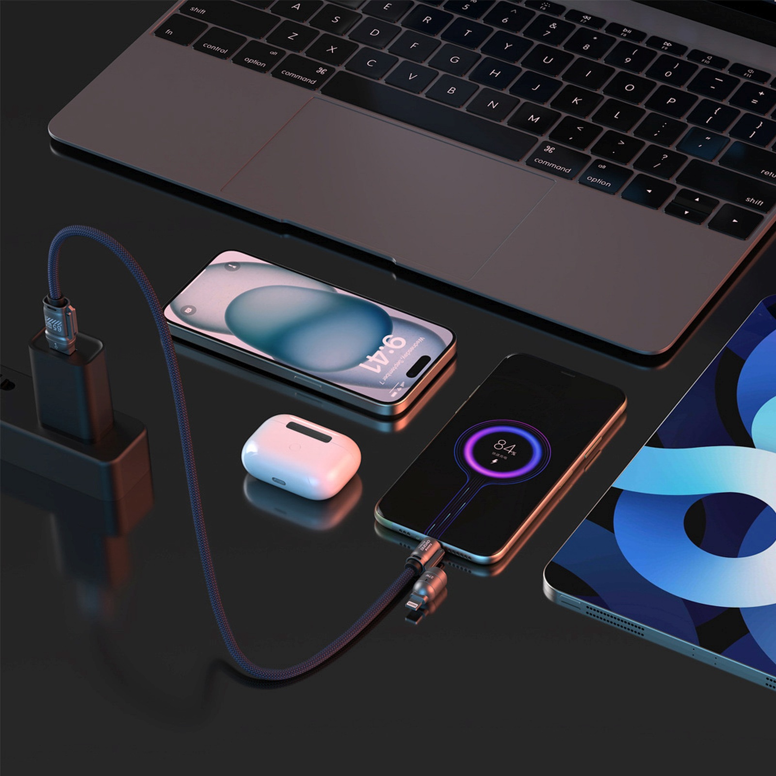 Kabelis Su Dirželiu 4in1 Usb-c Su "iphone Lightning" Usb-a Adapteriais - Mėlynas
