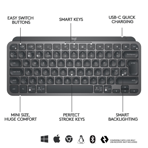 Logitech MX Keys Mini Belaidė klaviatūra, US Int, Graphite