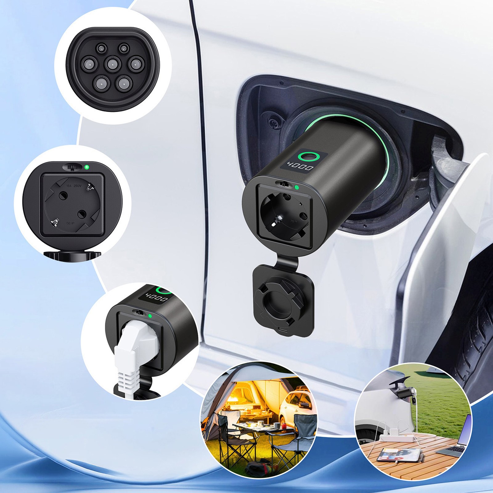 V2l Type 2 – Schuko 3500 W Adapteris Su Galios Rodikliu, Skirtas Elektromobiliams