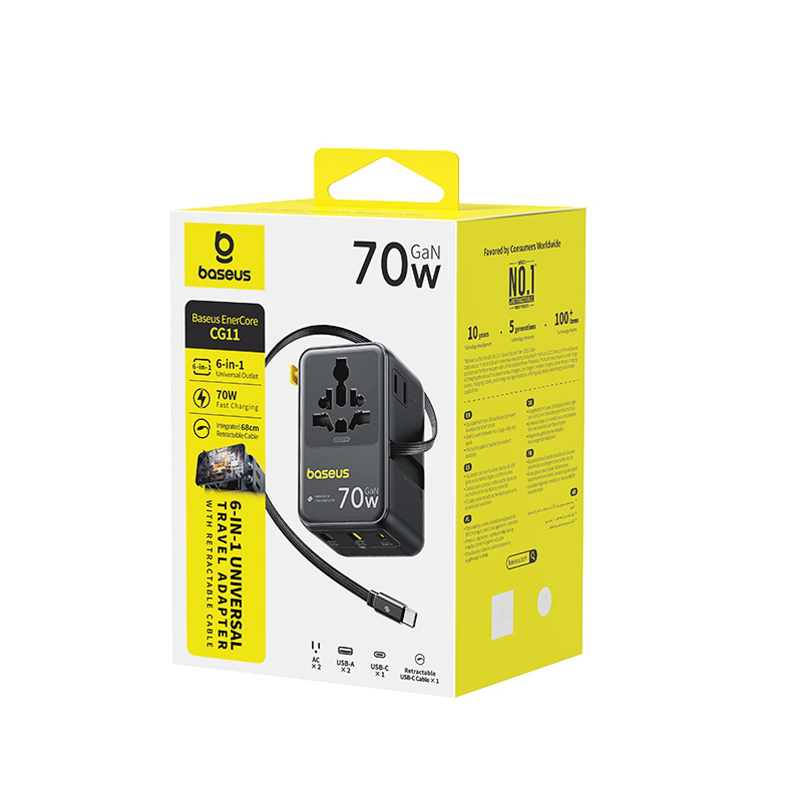 6-in-1 Kelioninis Adapteris Su Susukamu Usb-c Kabeliu, 70 W – Juodas