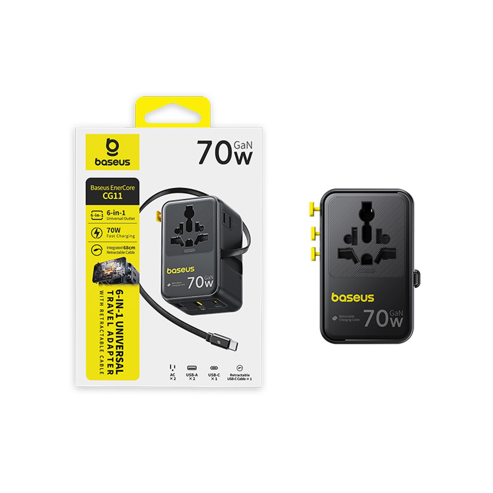 6-in-1 Kelioninis Adapteris Su Susukamu Usb-c Kabeliu, 70 W – Juodas