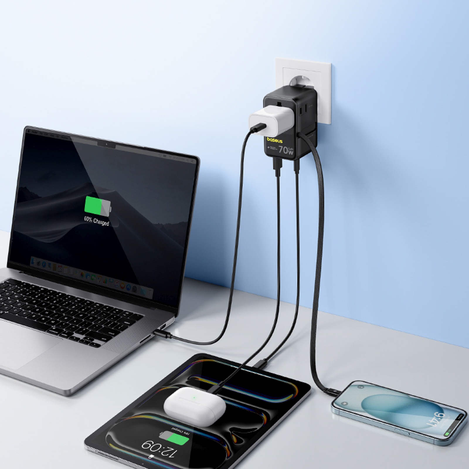 6-in-1 Kelioninis Adapteris Su Susukamu Usb-c Kabeliu, 70 W – Juodas