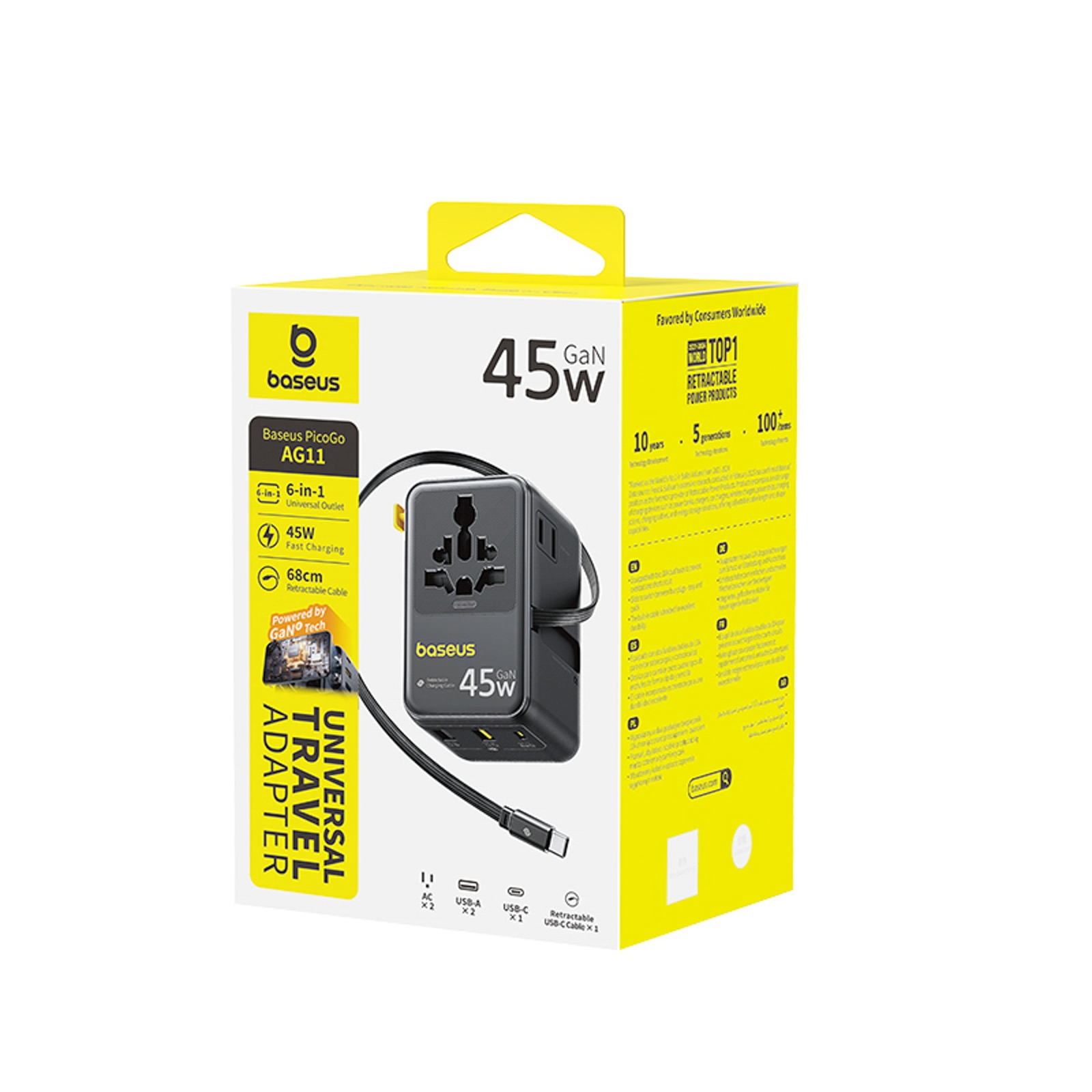 6-in-1 Kelioninis Adapteris Su Susukamu Usb-c Kabeliu, 45 W – Juodas