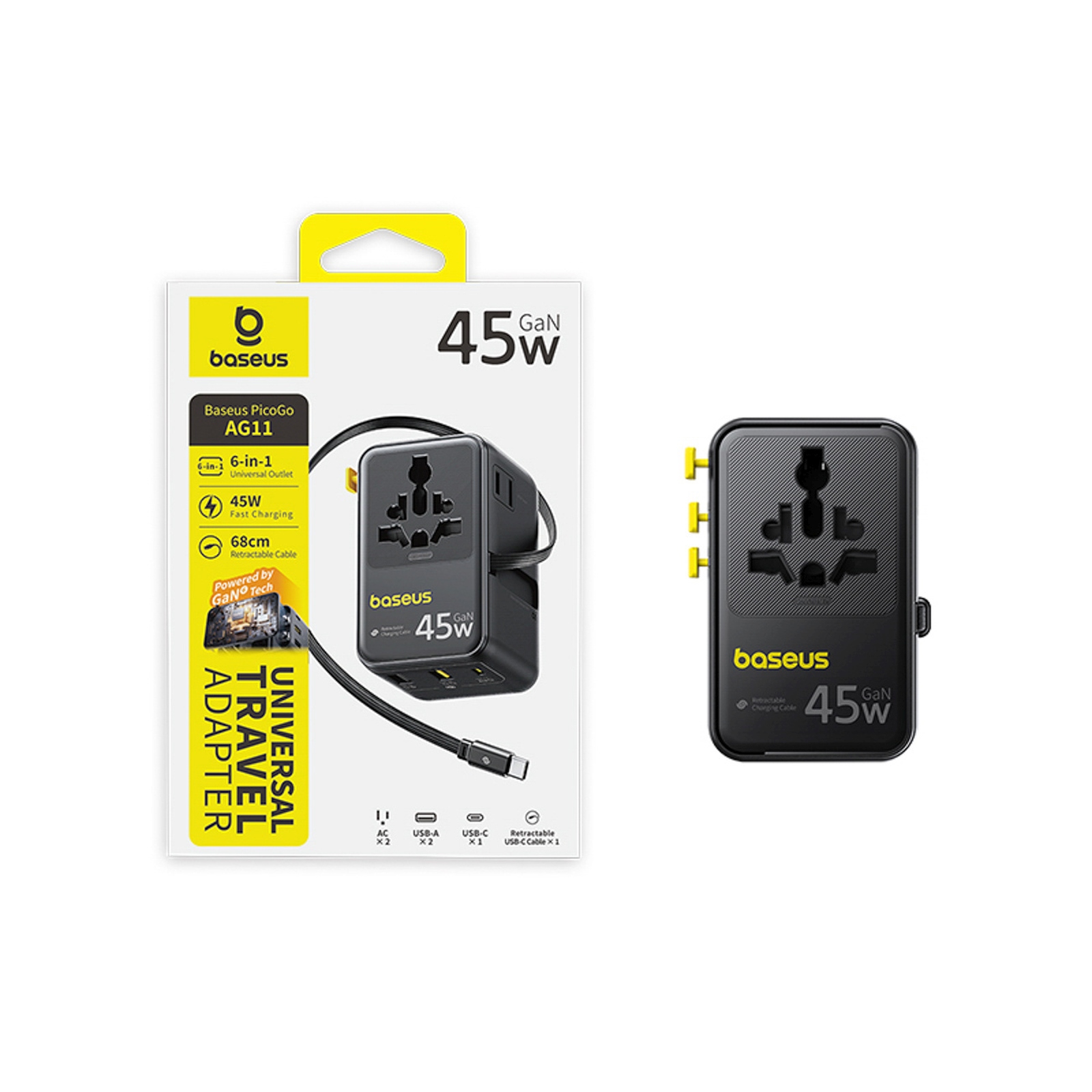 6-in-1 Kelioninis Adapteris Su Susukamu Usb-c Kabeliu, 45 W – Juodas