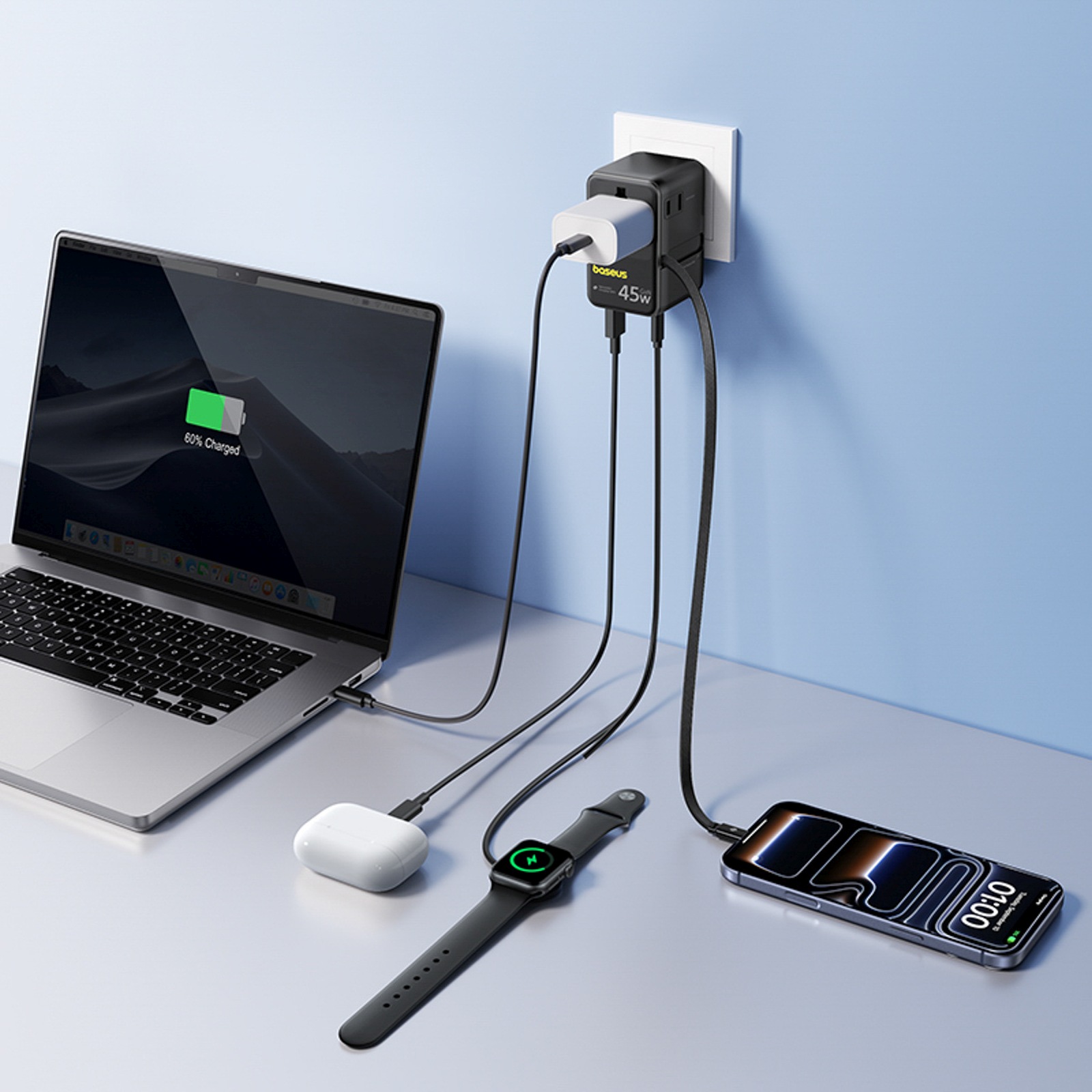 6-in-1 Kelioninis Adapteris Su Susukamu Usb-c Kabeliu, 45 W – Juodas