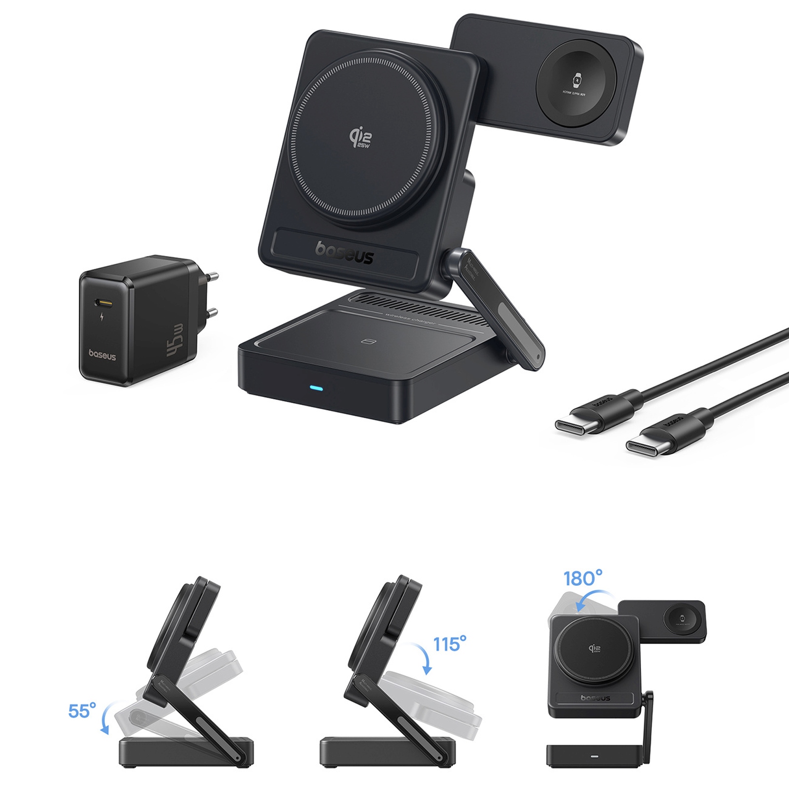 Belaidė 3-in-1 „qi 2.2“ 35 W įkroviklis Su 45 W Es Maitinimo šaltiniu Ir 1 M Usb-c Kabeliu – Juoda