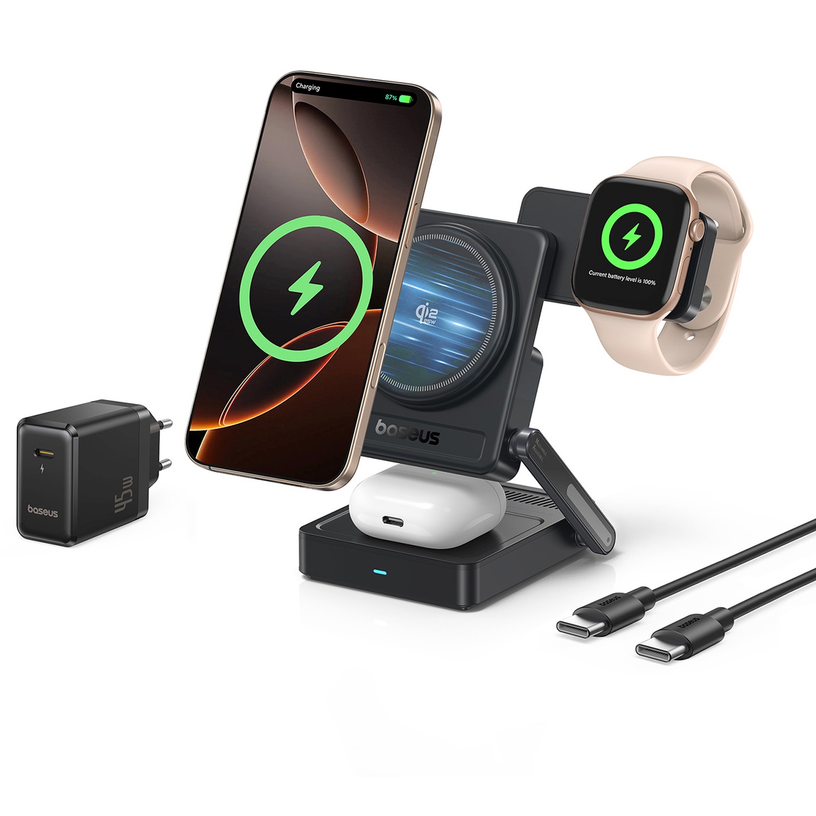 Belaidė 3-in-1 „qi 2.2“ 35 W įkroviklis Su 45 W Es Maitinimo šaltiniu Ir 1 M Usb-c Kabeliu – Juoda