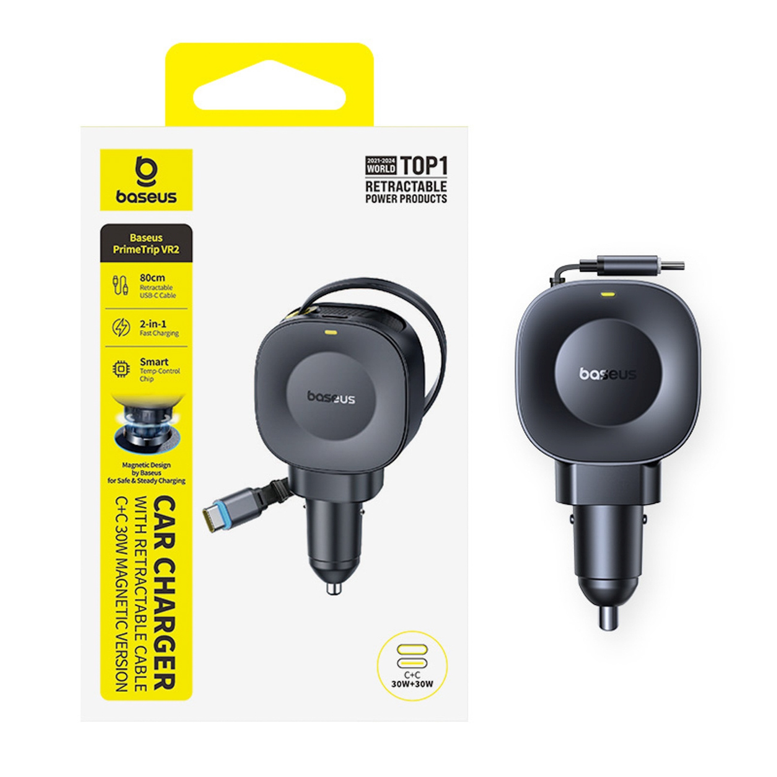 Automobilinis Usb-c įkroviklis Su Susukamu Usb-c Kabeliu, 30 W – Juodas