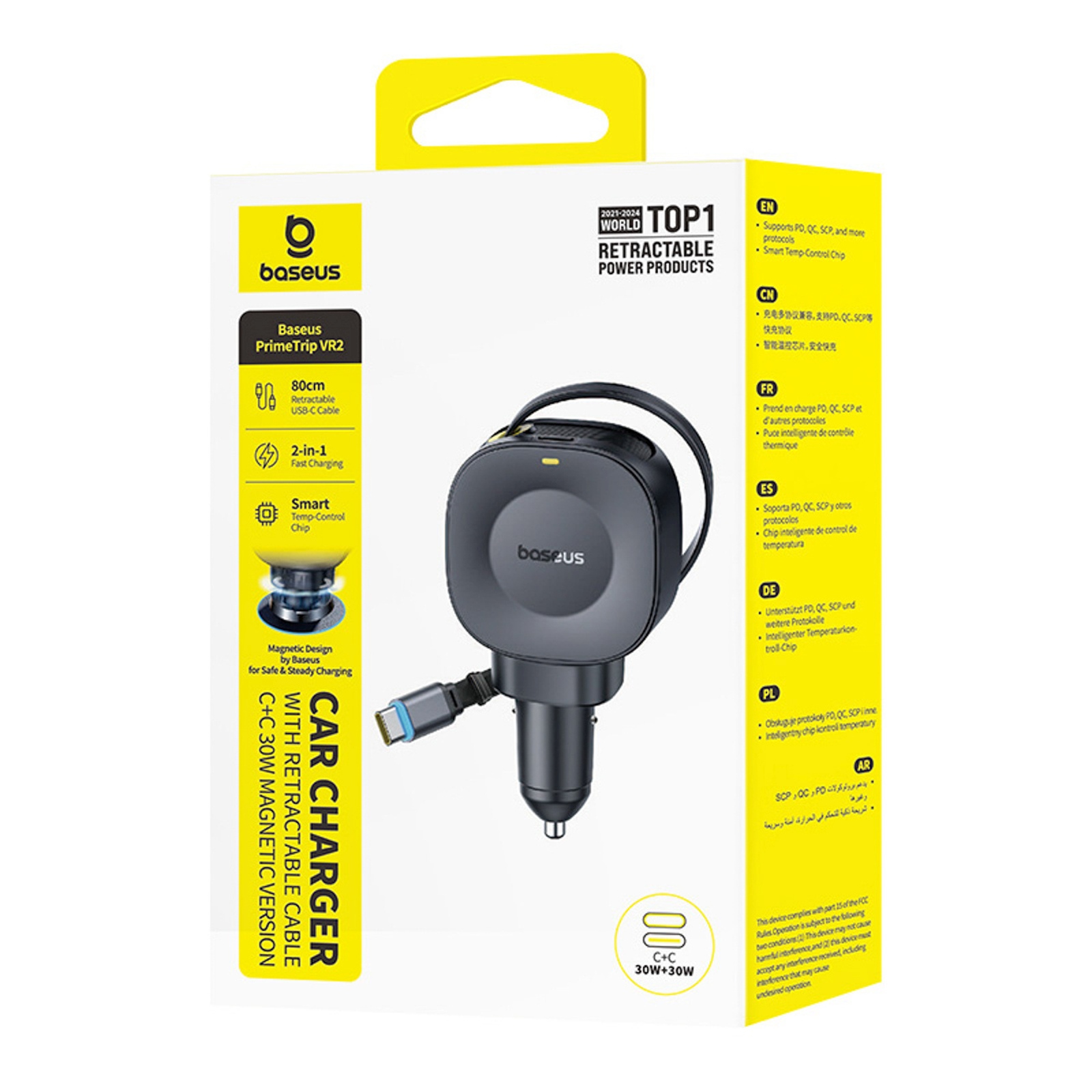 Automobilinis Usb-c įkroviklis Su Susukamu Usb-c Kabeliu, 30 W – Juodas