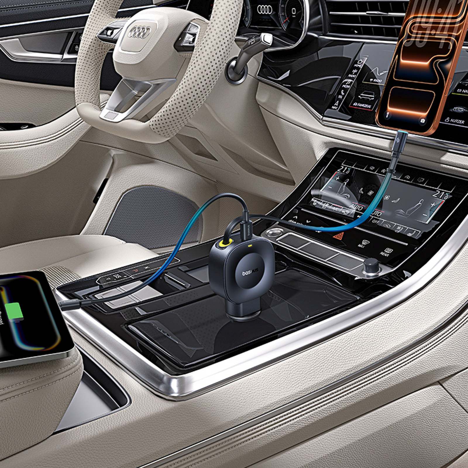Automobilinis Usb-c įkroviklis Su Susukamu Usb-c Kabeliu, 30 W – Juodas