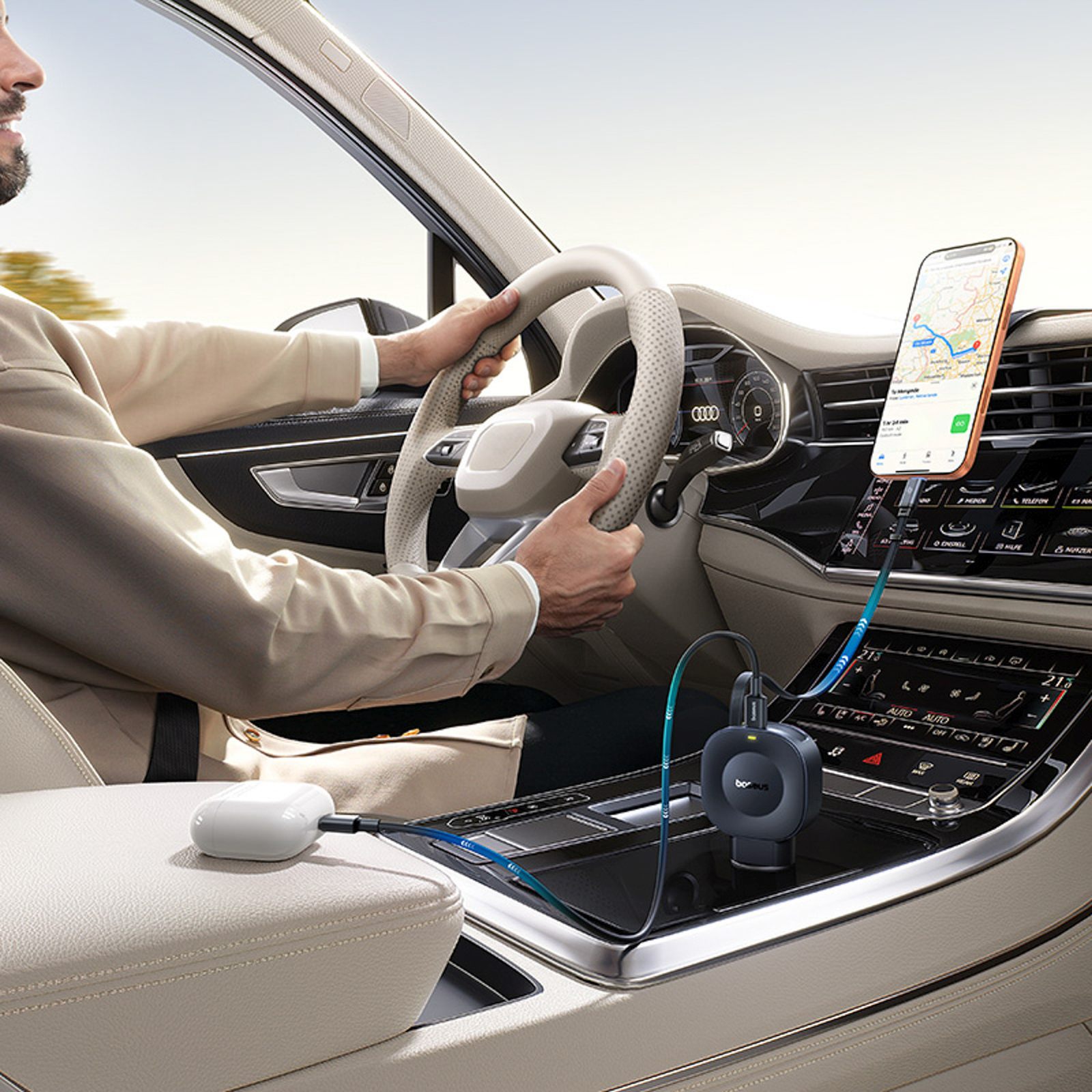 Automobilinis Usb-c įkroviklis Su Susukamu Usb-c Kabeliu, 45 W – Juodas