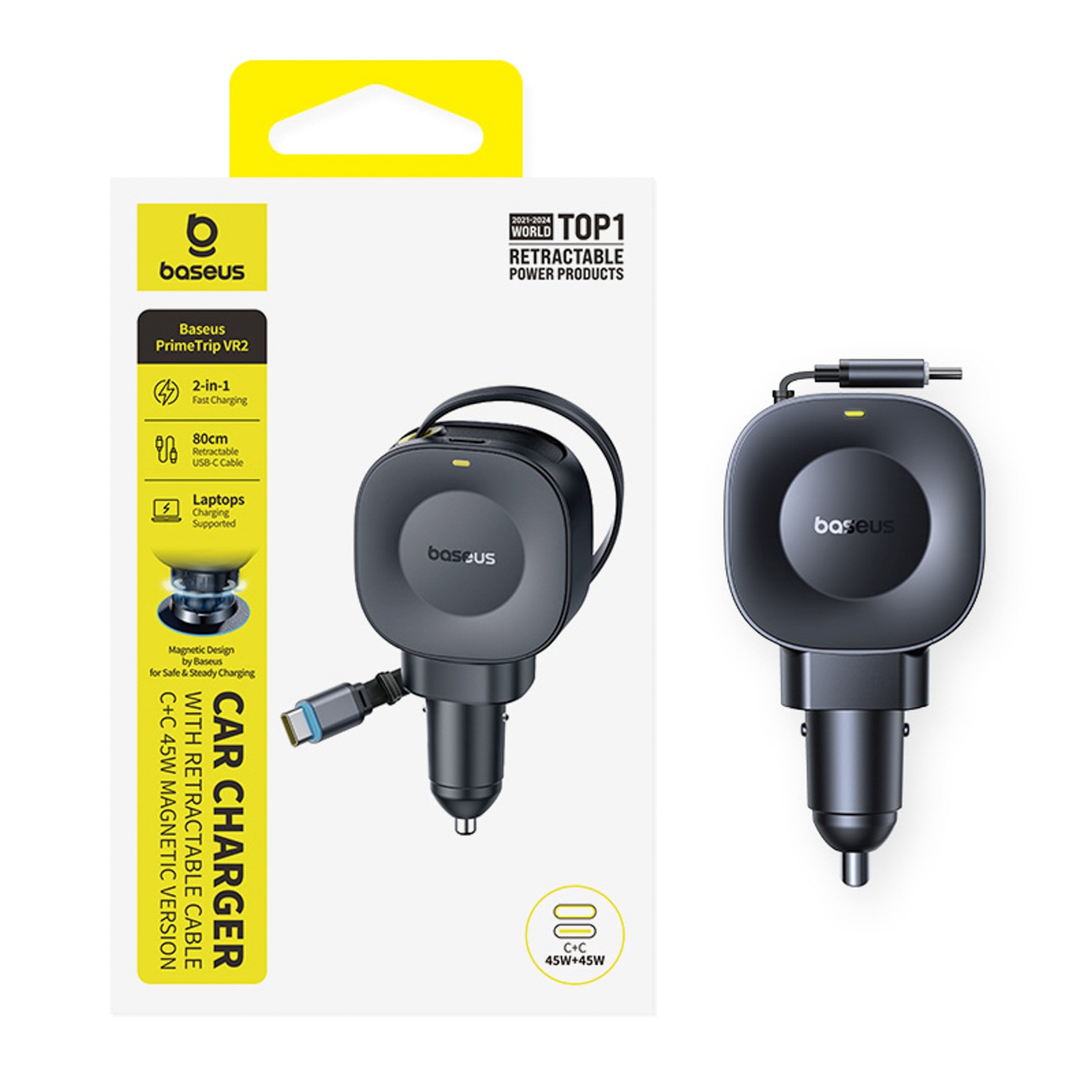 Automobilinis Usb-c įkroviklis Su Susukamu Usb-c Kabeliu, 45 W – Juodas