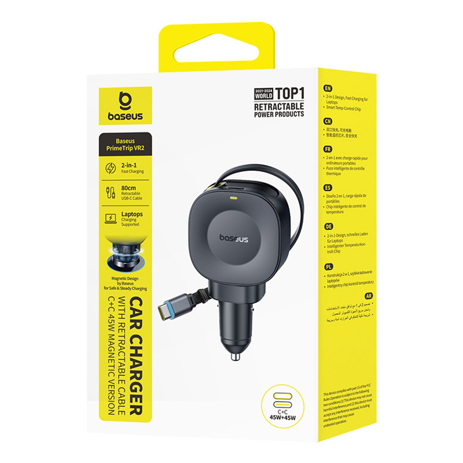 Automobilinis Usb-c įkroviklis Su Susukamu Usb-c Kabeliu, 45 W – Juodas