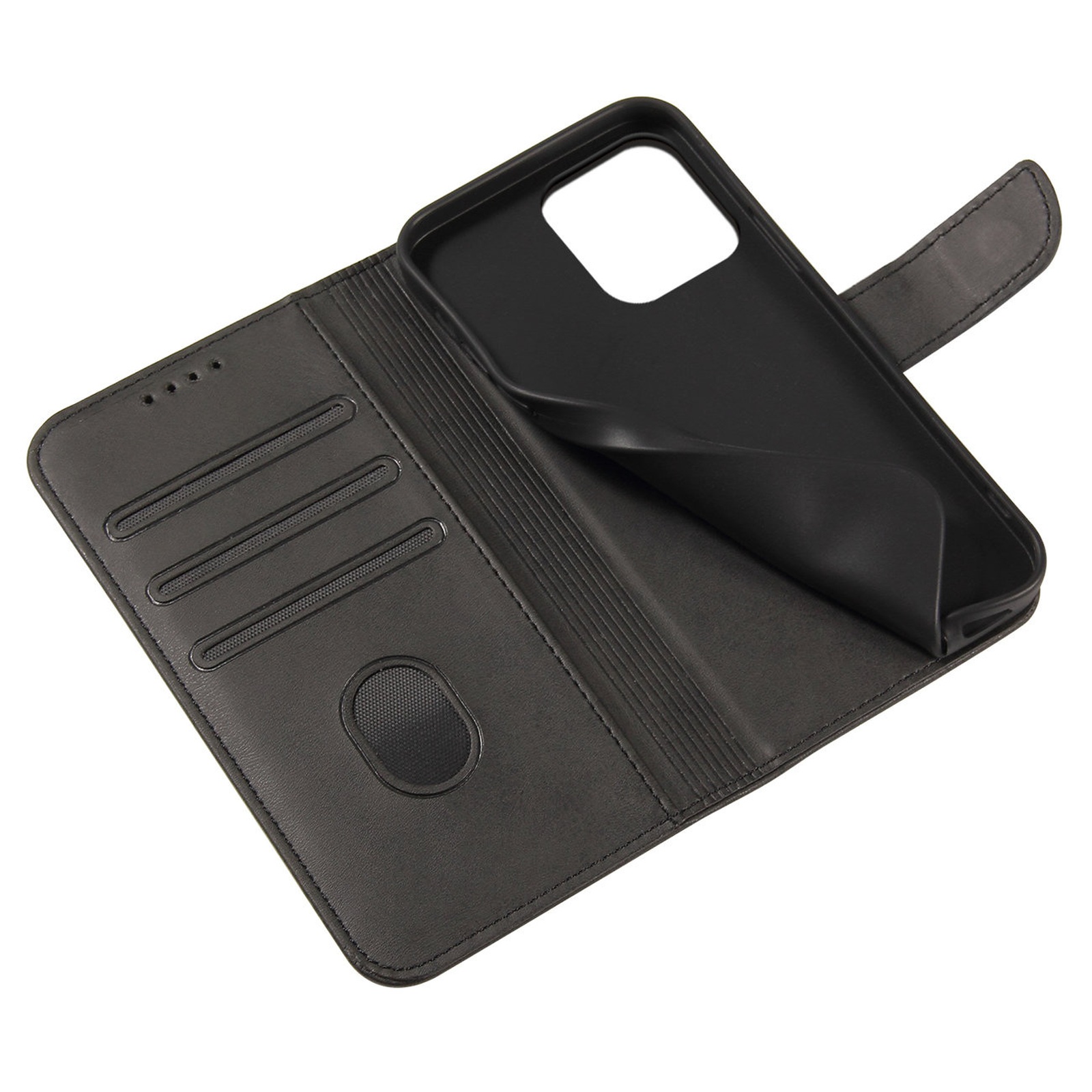 „iphone 15 Pro Magnet Case“ Dėklas-piniginė Su Atverčiamu Dangteliu Ir Atrama – Juodas