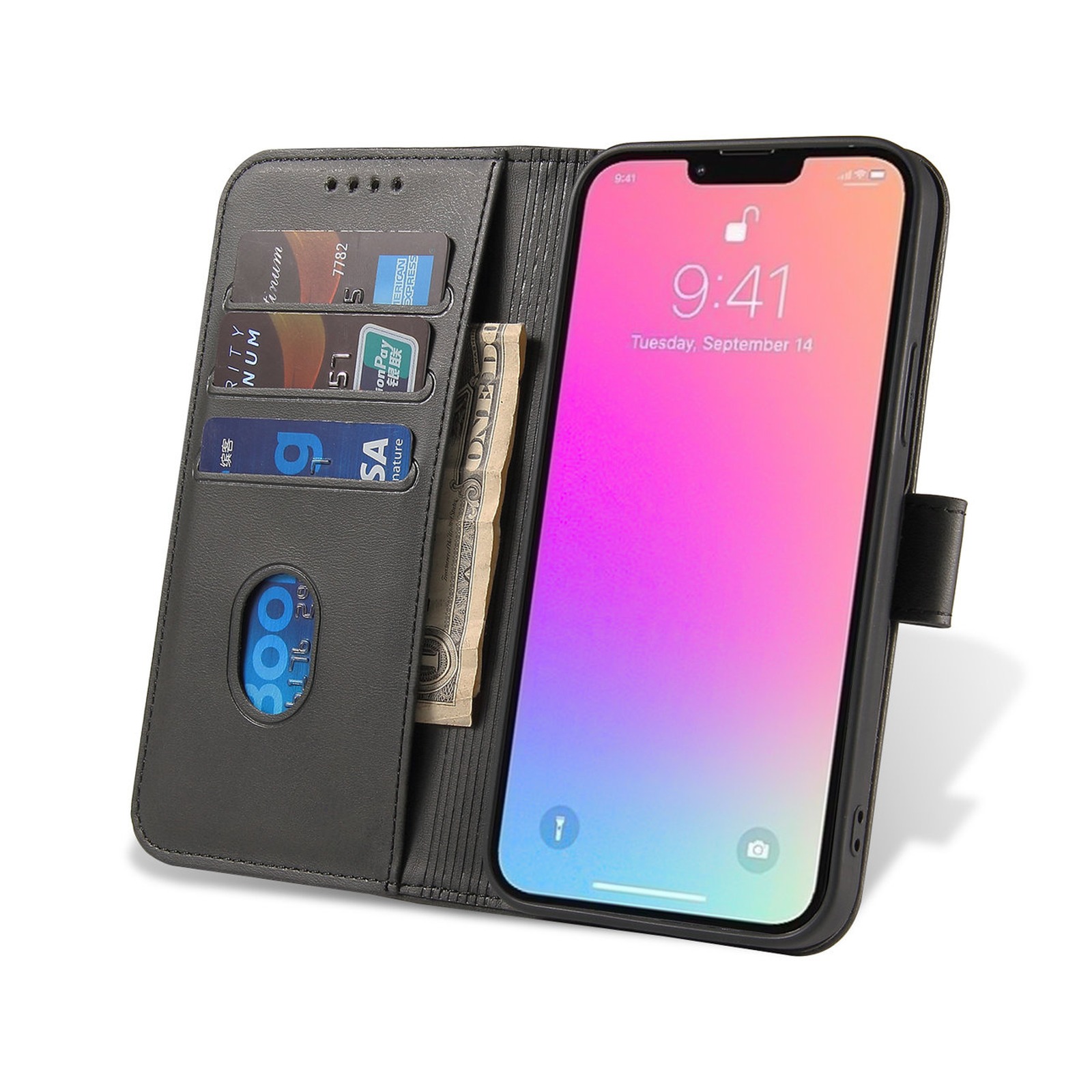 „iphone 15 Pro Magnet Case“ Dėklas-piniginė Su Atverčiamu Dangteliu Ir Atrama – Juodas