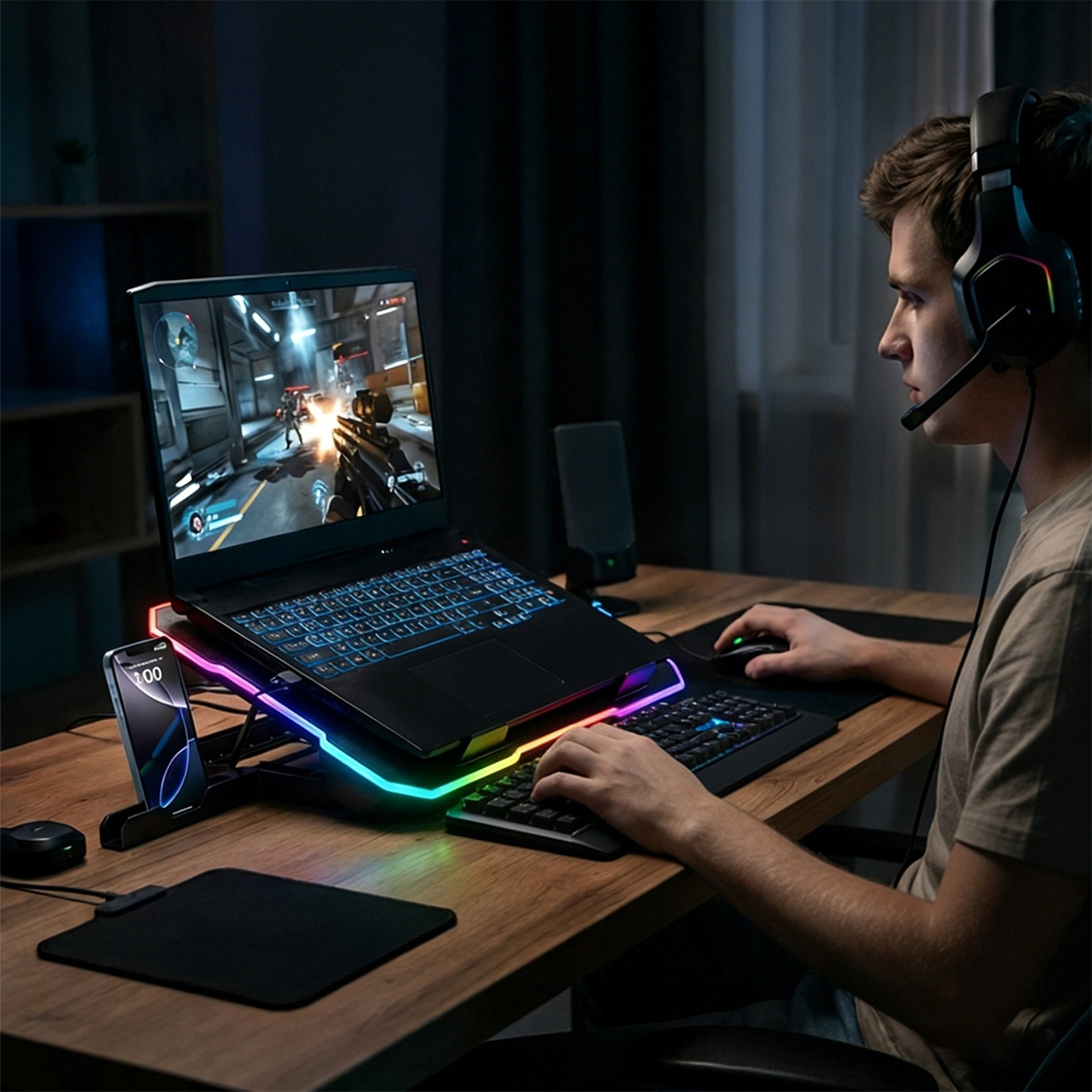 žaidimų Nešiojamojo Kompiuterio Aušinimo Padas Su Rgb Telefono Laikikliu – Juodas