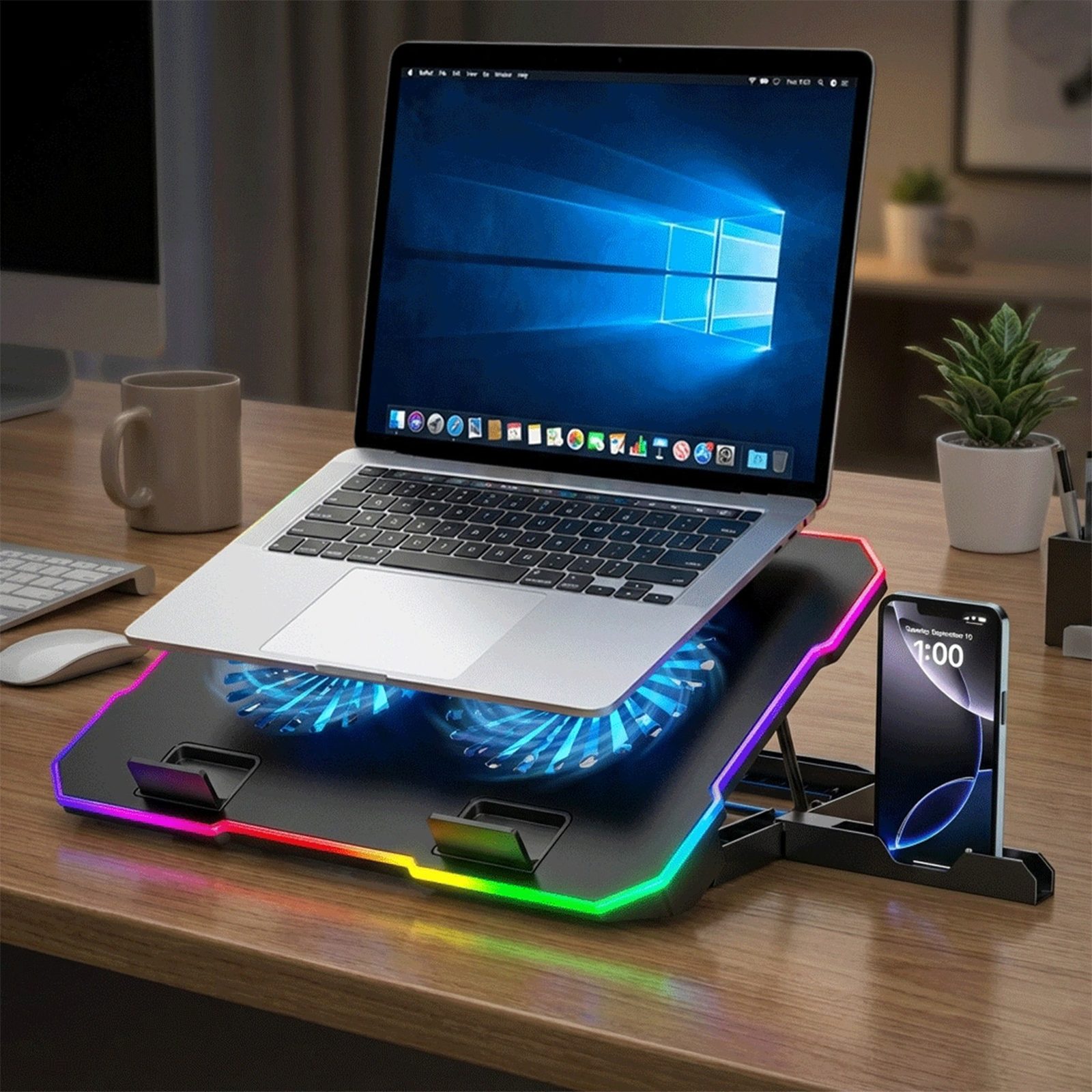 žaidimų Nešiojamojo Kompiuterio Aušinimo Padas Su Rgb Telefono Laikikliu – Juodas