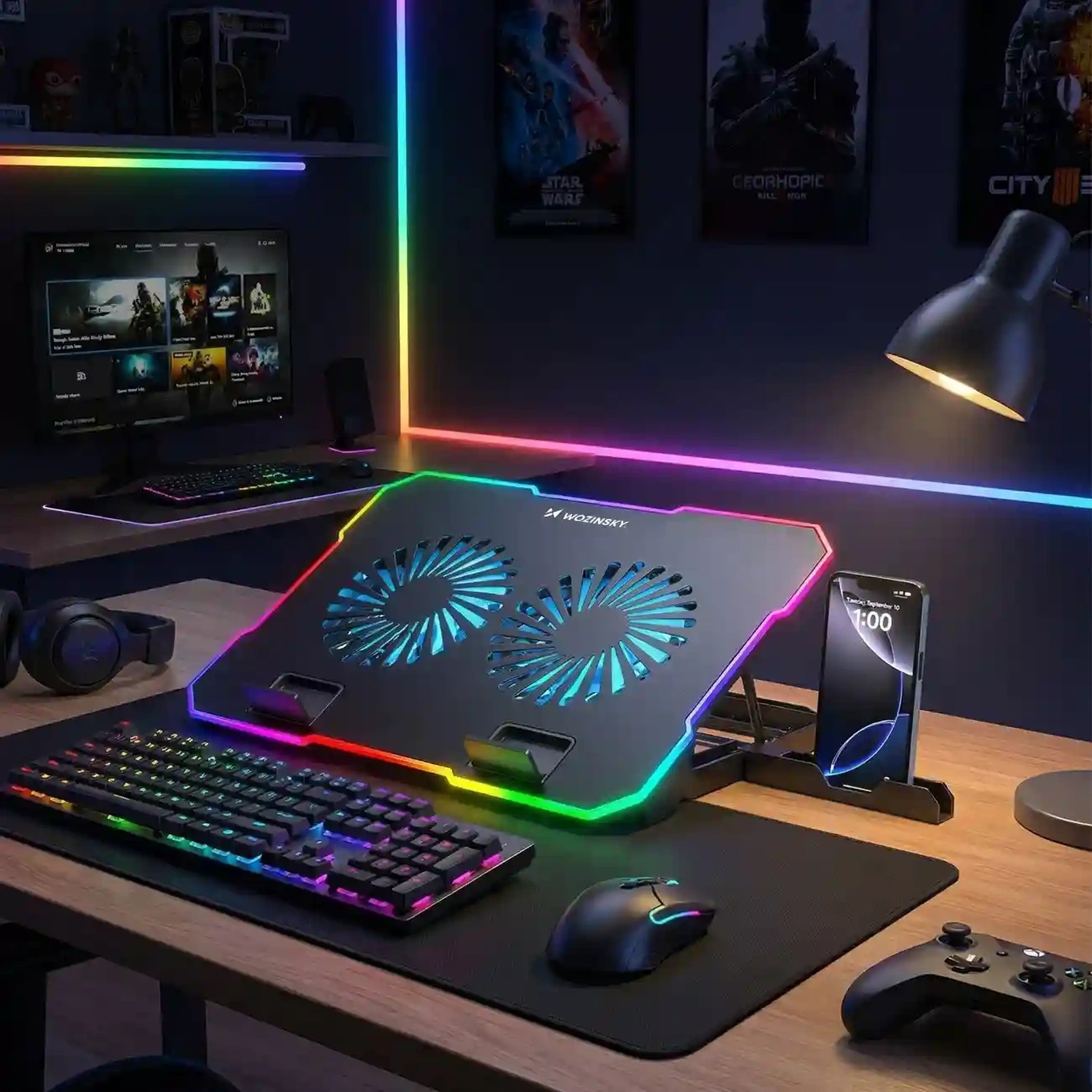 žaidimų Nešiojamojo Kompiuterio Aušinimo Padas Su Rgb Telefono Laikikliu – Juodas