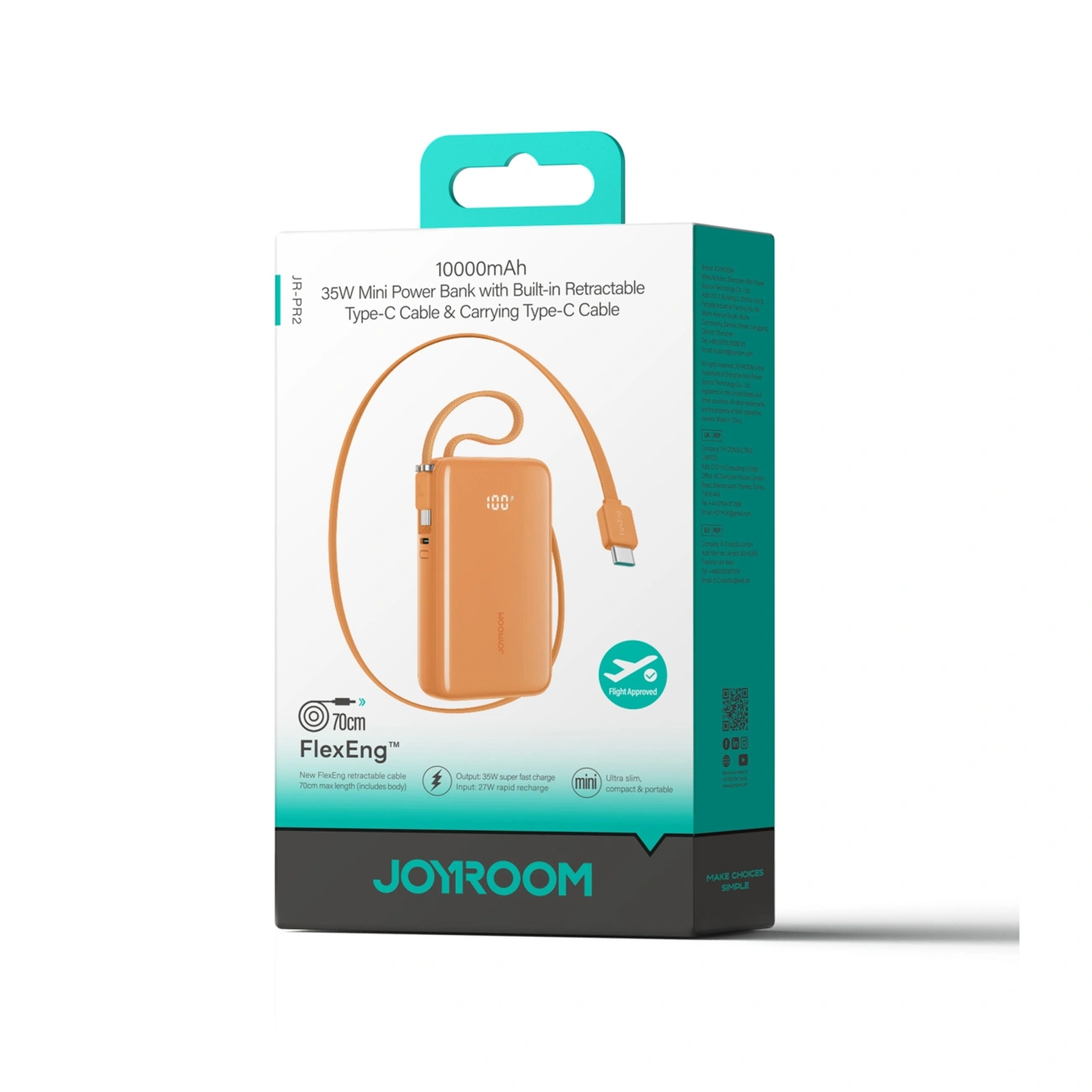 10000 Mah Išorinis Akumuliatorius Su Integruotais Usb-c 35 W Kabeliais – Oranžinis
