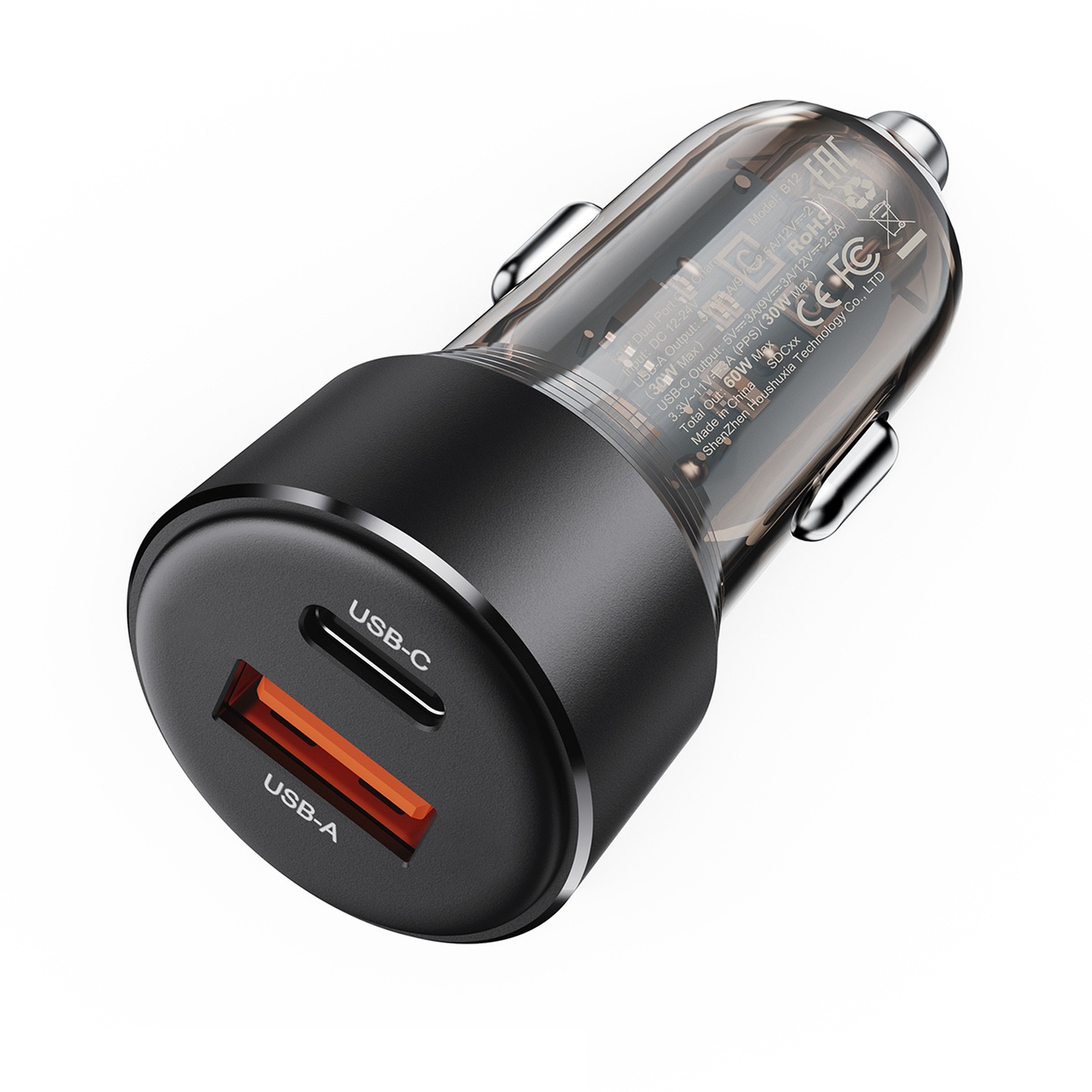 Automobilinis įkroviklis Usb-a / Usb-c 60 W – Juodas