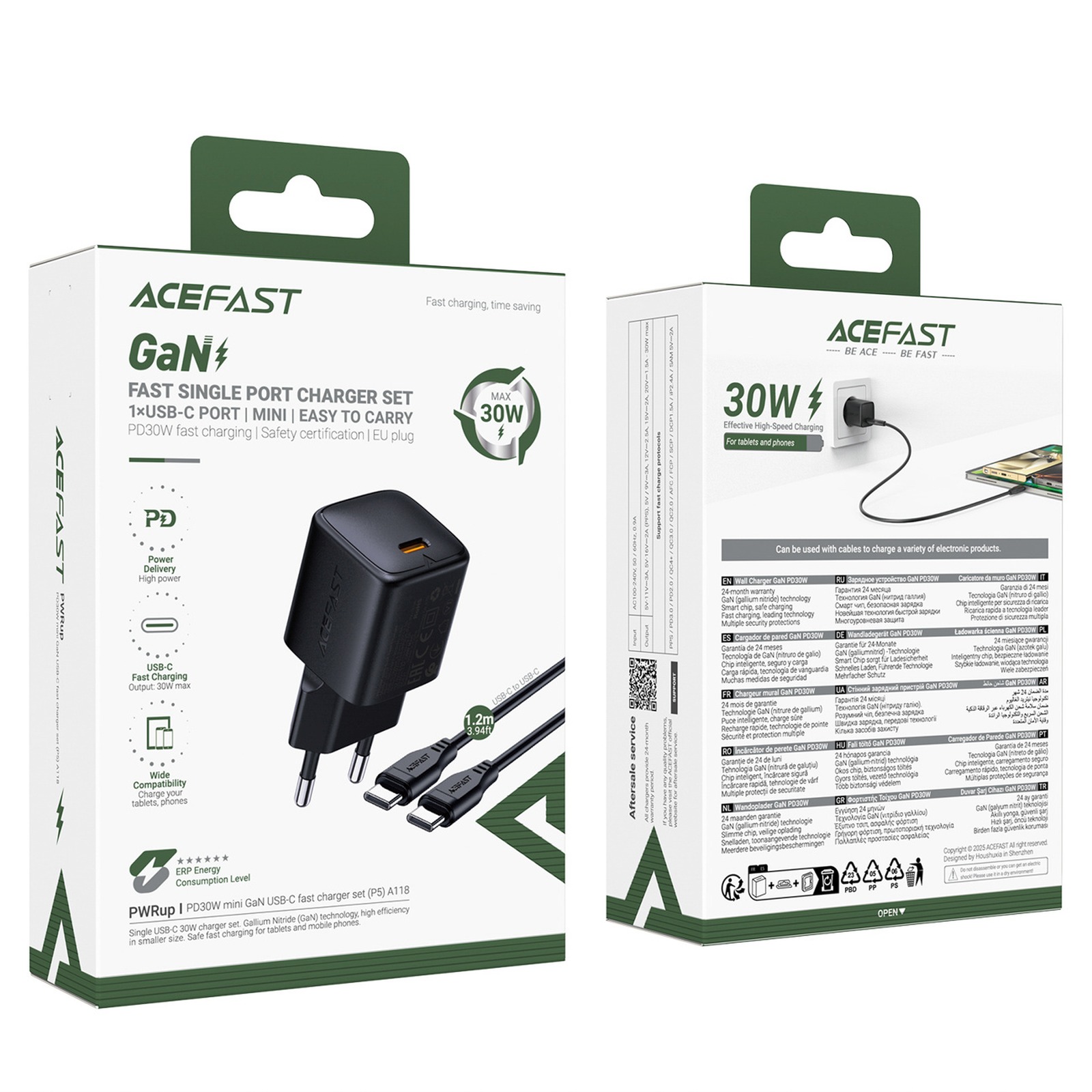 30 W Gan Usb-c Tinklinis įkroviklis Su 1,2 M Usb-c – Lightning Kabeliu – Juodos Spalvos