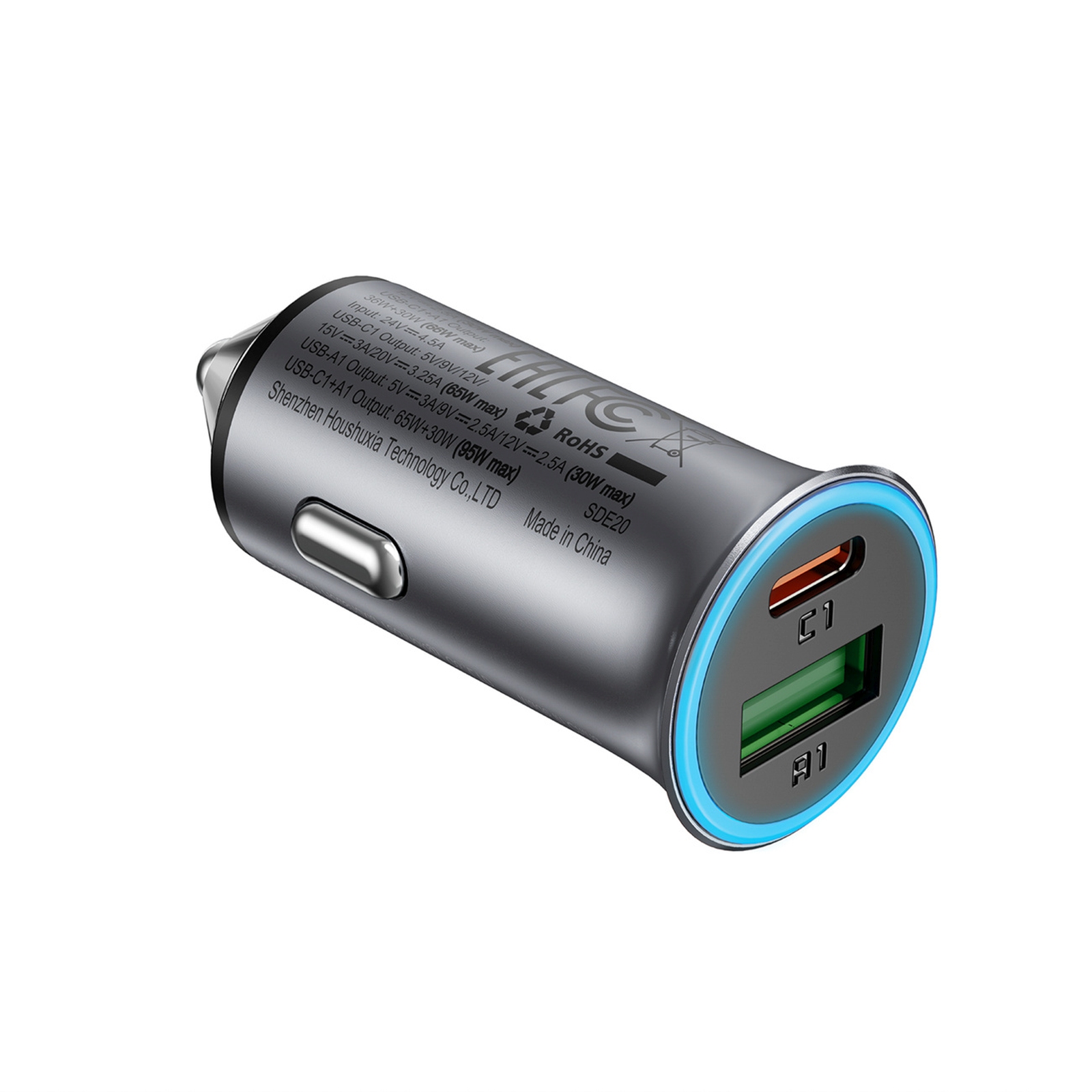 Automobilinis Usb-a Ir Usb-c įkroviklis, 95 W – Pilkos Spalvos