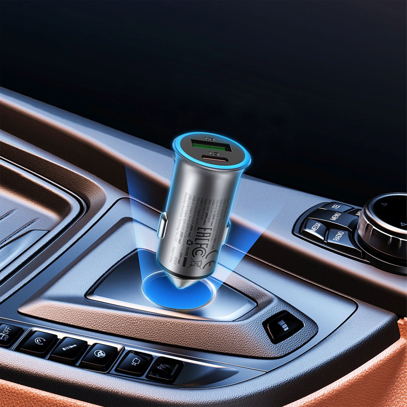 Automobilinis Usb-a Ir Usb-c įkroviklis, 95 W – Pilkos Spalvos