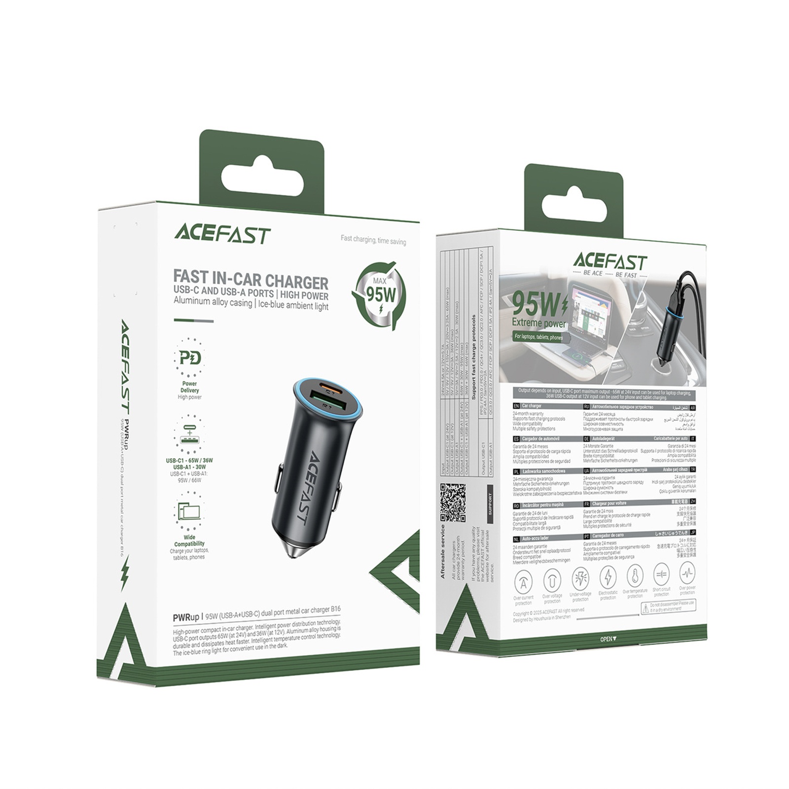 Automobilinis Usb-a Ir Usb-c įkroviklis, 95 W – Pilkos Spalvos
