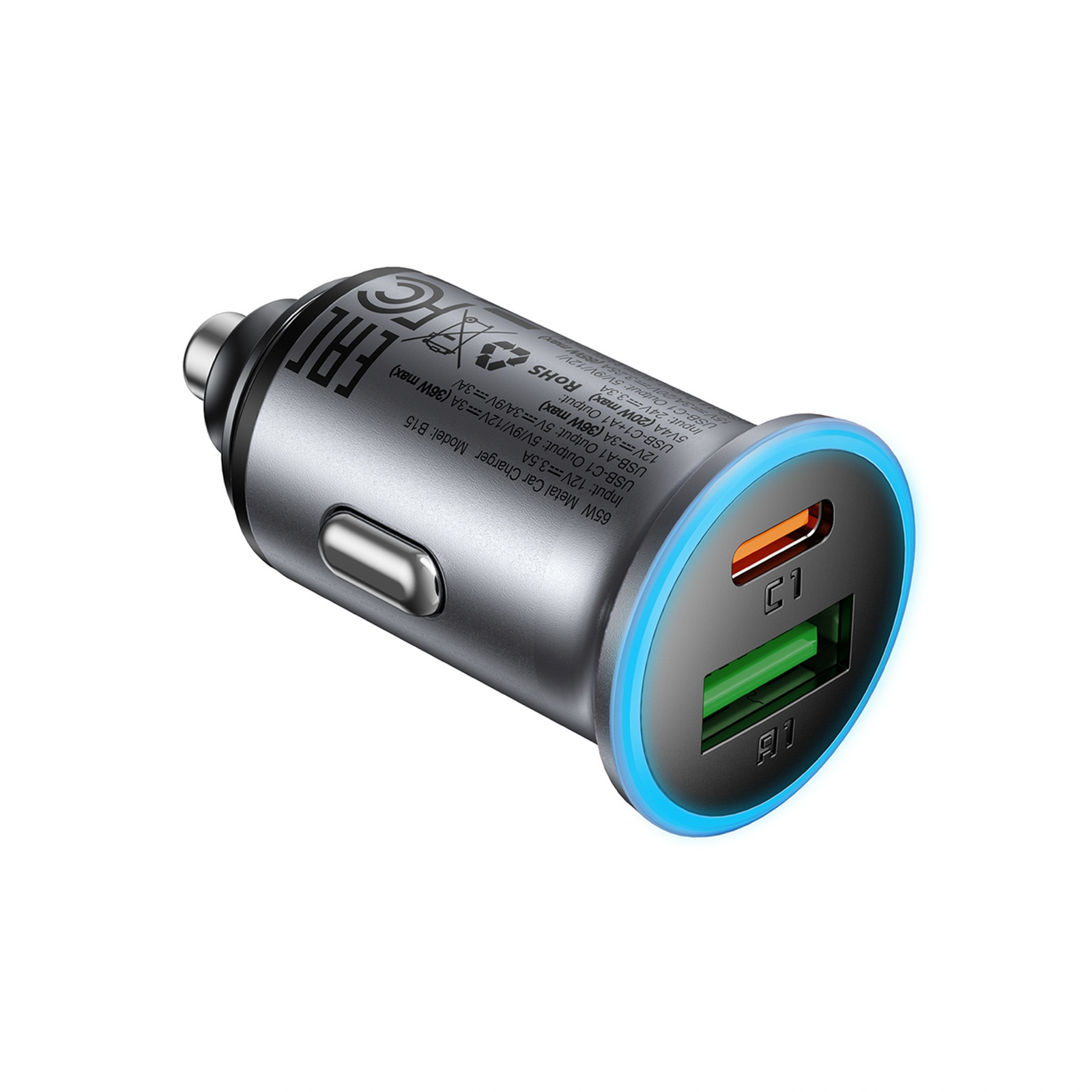 Automobilinis Usb-a Ir Usb-c įkroviklis, 65 W – Pilkos Spalvos