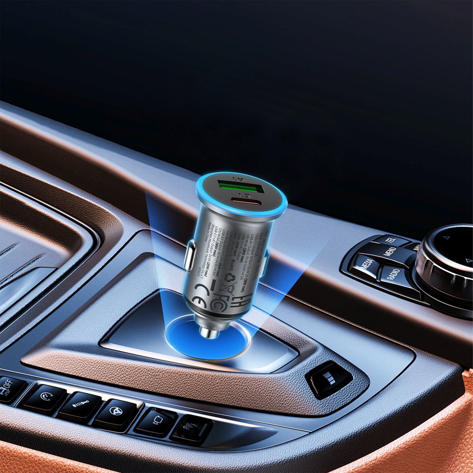 Automobilinis Usb-a Ir Usb-c įkroviklis, 65 W – Pilkos Spalvos