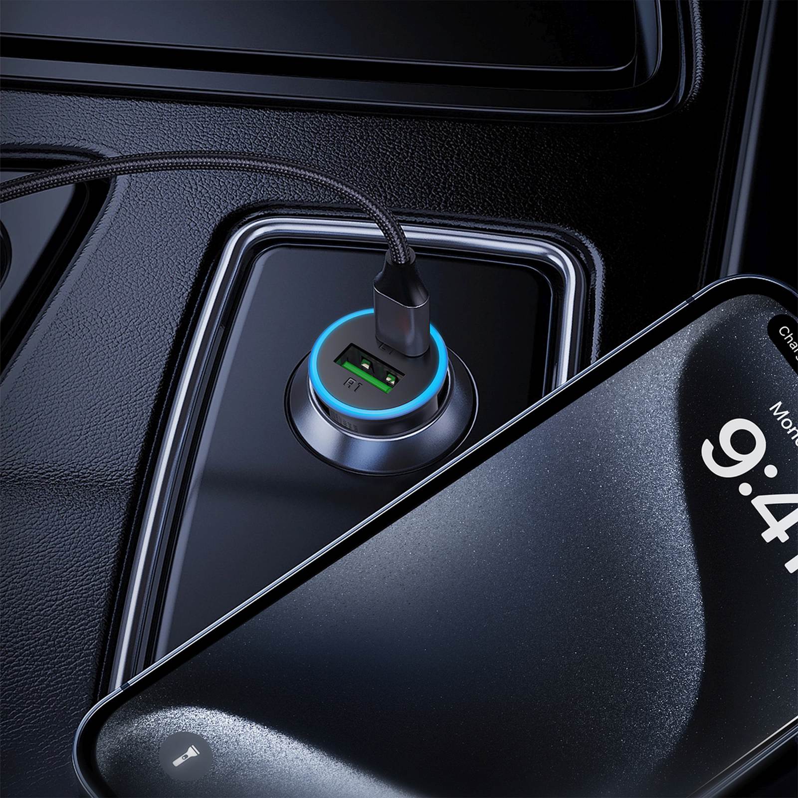 Automobilinis Usb-a Ir Usb-c įkroviklis, 65 W – Pilkos Spalvos