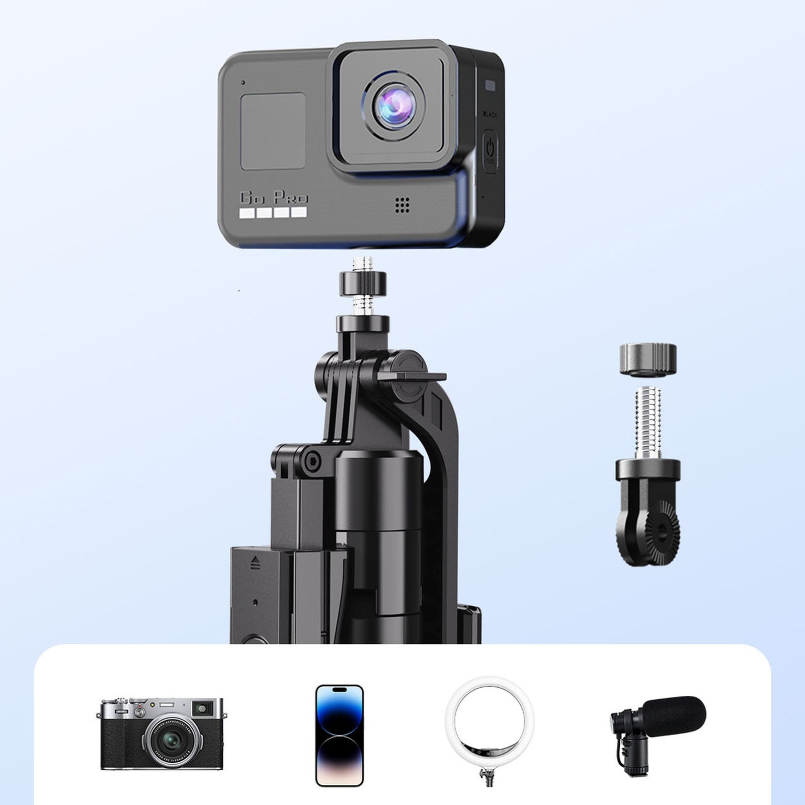 „selfie“ Lazdelė Su 1/4 Colio Tvirtinimu Telefonui Ar Fotoaparatui, Su 360° Pasukimu Ir „bluetooth“ – Juoda