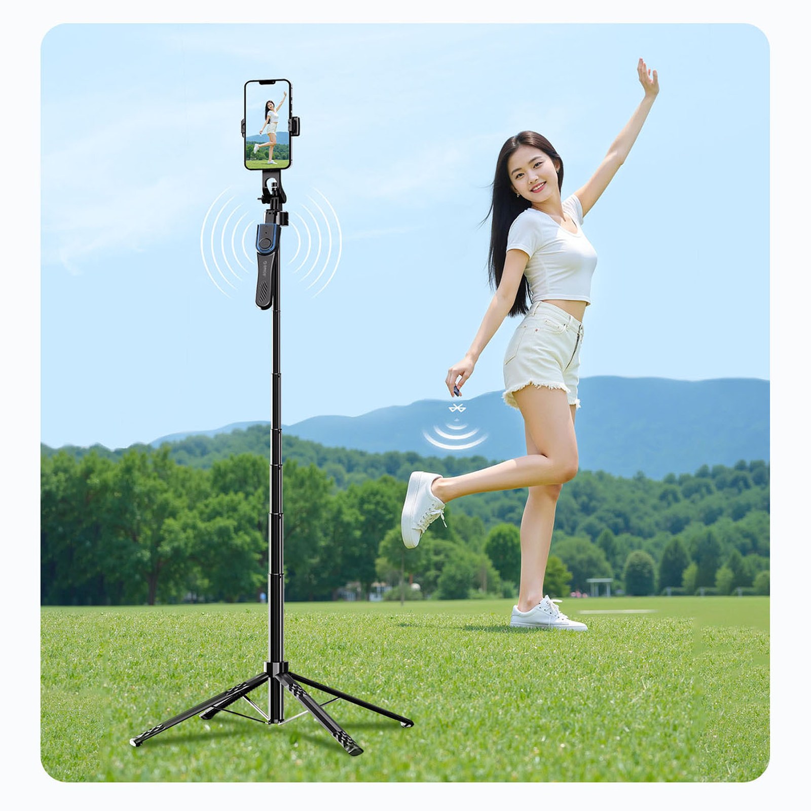 „selfie“ Lazdelė Su 1/4 Colio Tvirtinimu Telefonui Ar Fotoaparatui, Su 360° Pasukimu Ir „bluetooth“ – Juoda
