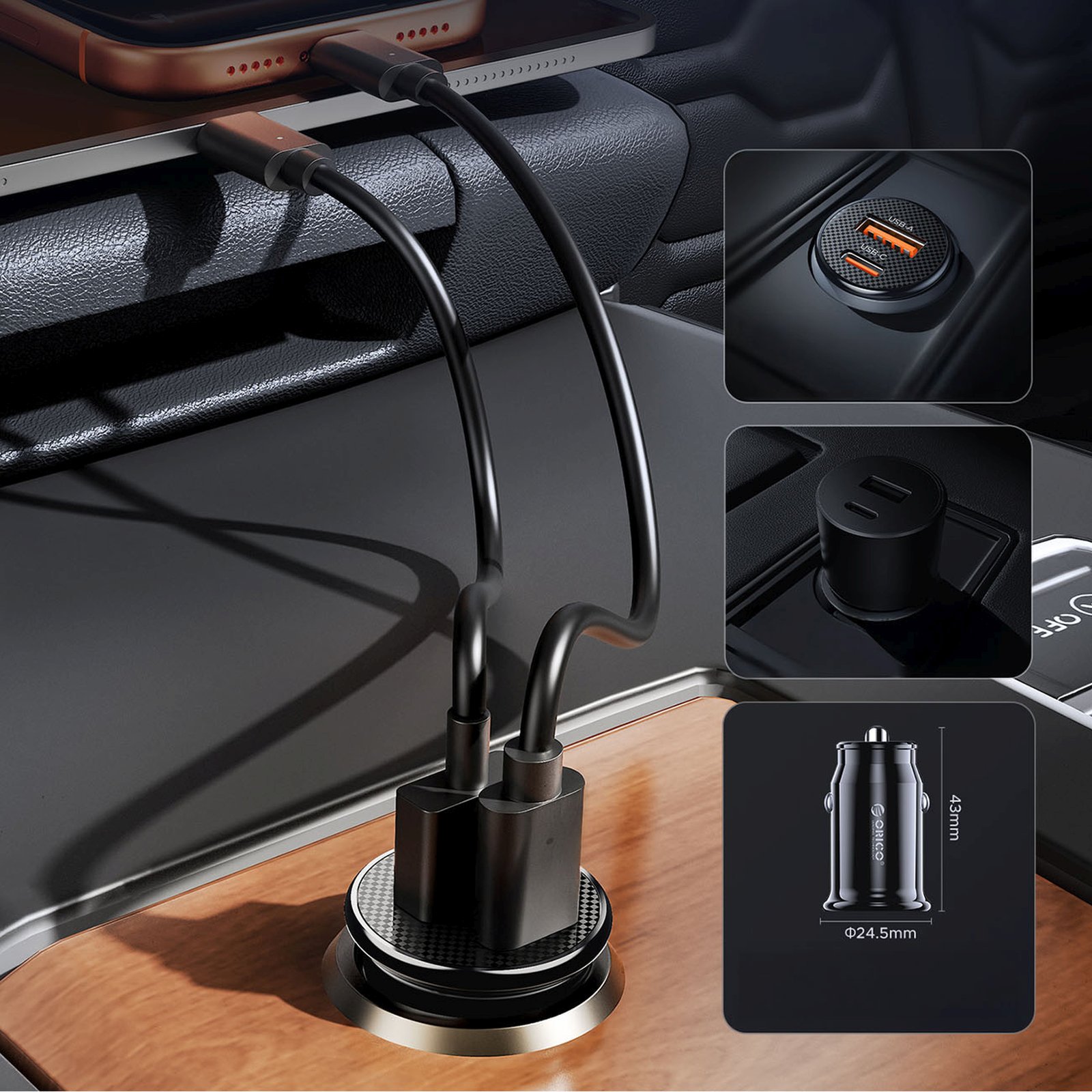 Automobilinis įkroviklis Usb-c / Usb-a 30 W – Juodas