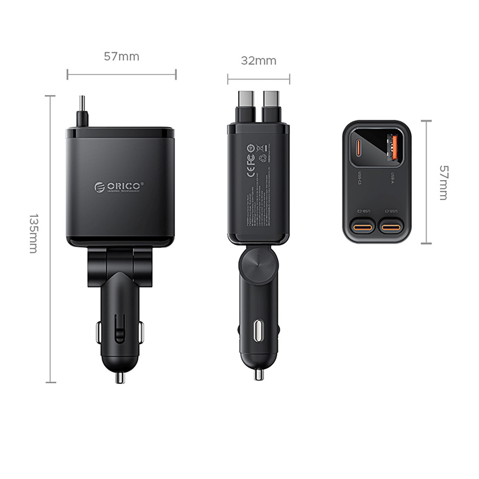 45 W Usb-a Ir Usb-c Automobilinis įkroviklis Su Susivyniojančiais Usb-c Kabeliais – Juodas