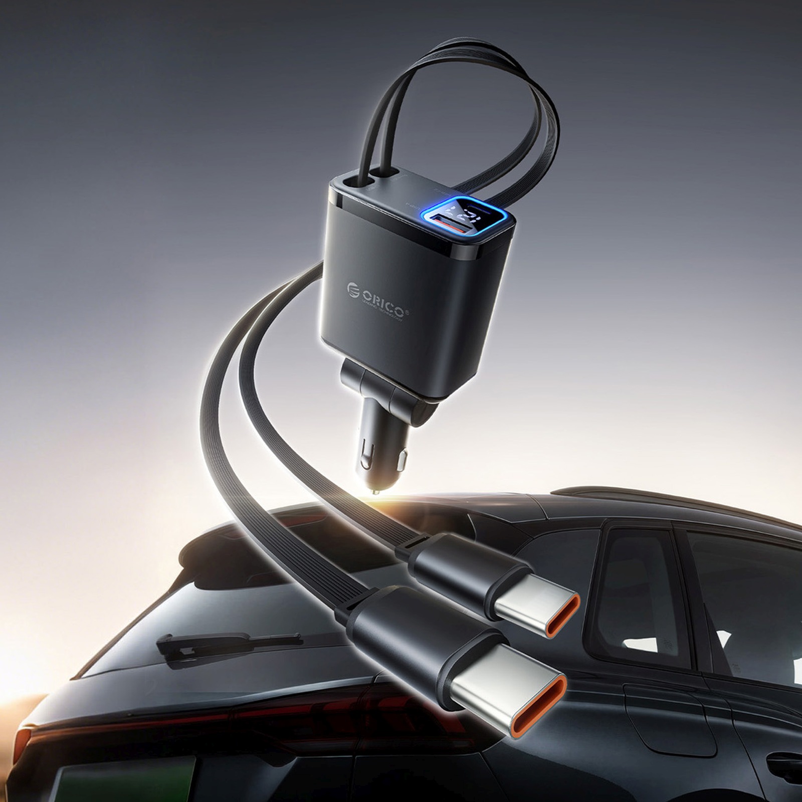 45 W Usb-a Ir Usb-c Automobilinis įkroviklis Su Susivyniojančiais Usb-c Kabeliais – Juodas