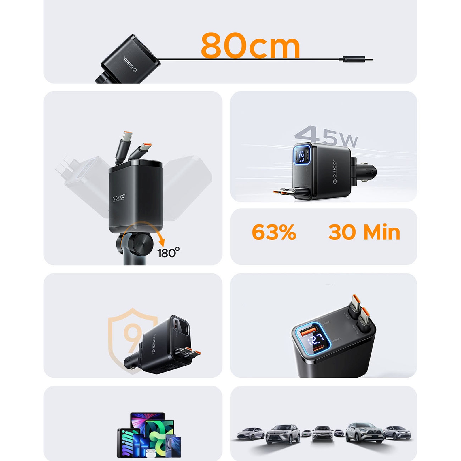 45 W Usb-a Ir Usb-c Automobilinis įkroviklis Su Susivyniojančiais Usb-c Kabeliais – Juodas