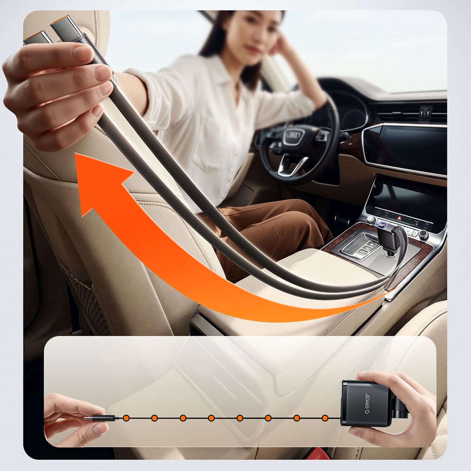 45 W Usb-a Ir Usb-c Automobilinis įkroviklis Su Susivyniojančiais Usb-c Kabeliais – Juodas