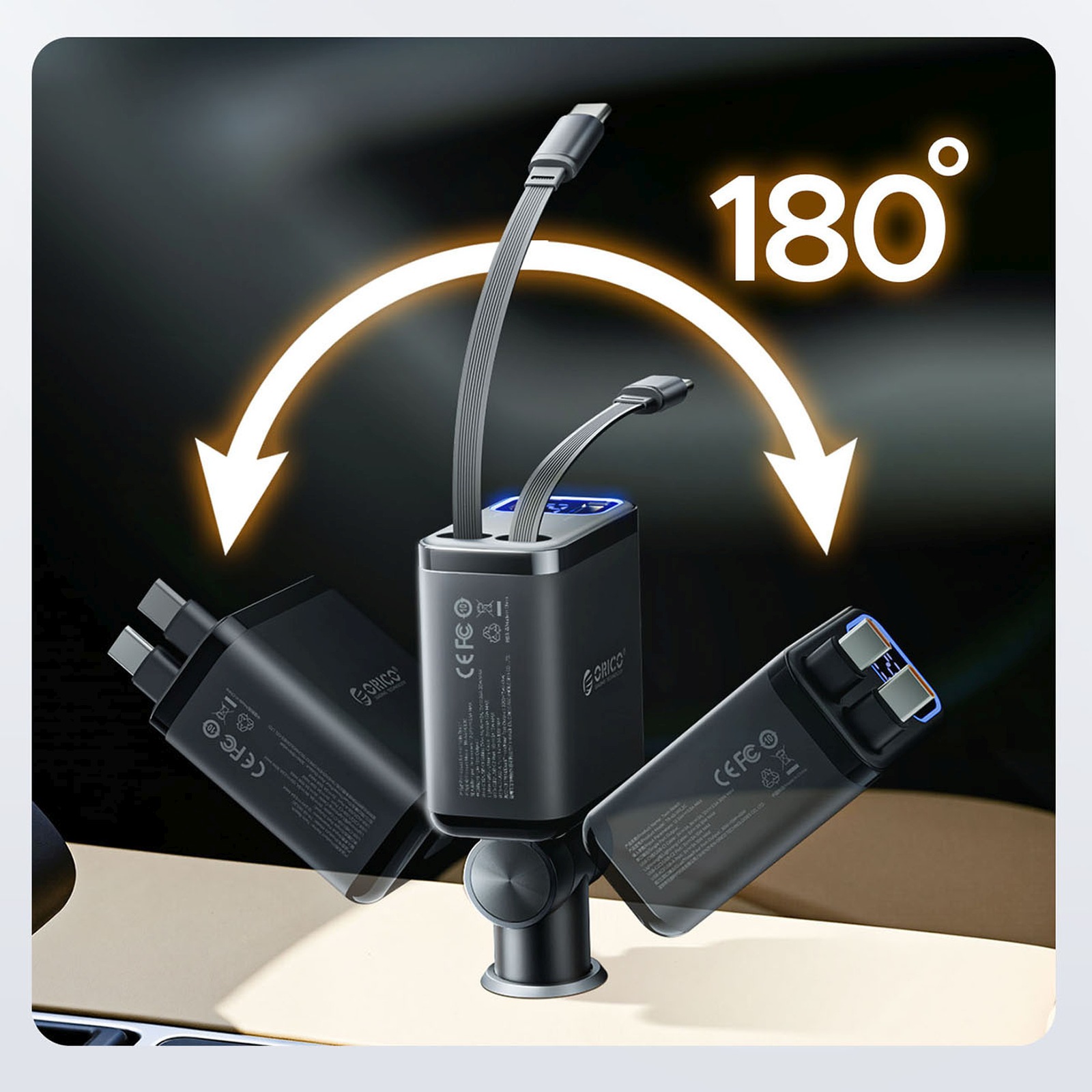 45 W Usb-a Ir Usb-c Automobilinis įkroviklis Su Susivyniojančiais Usb-c Kabeliais – Juodas