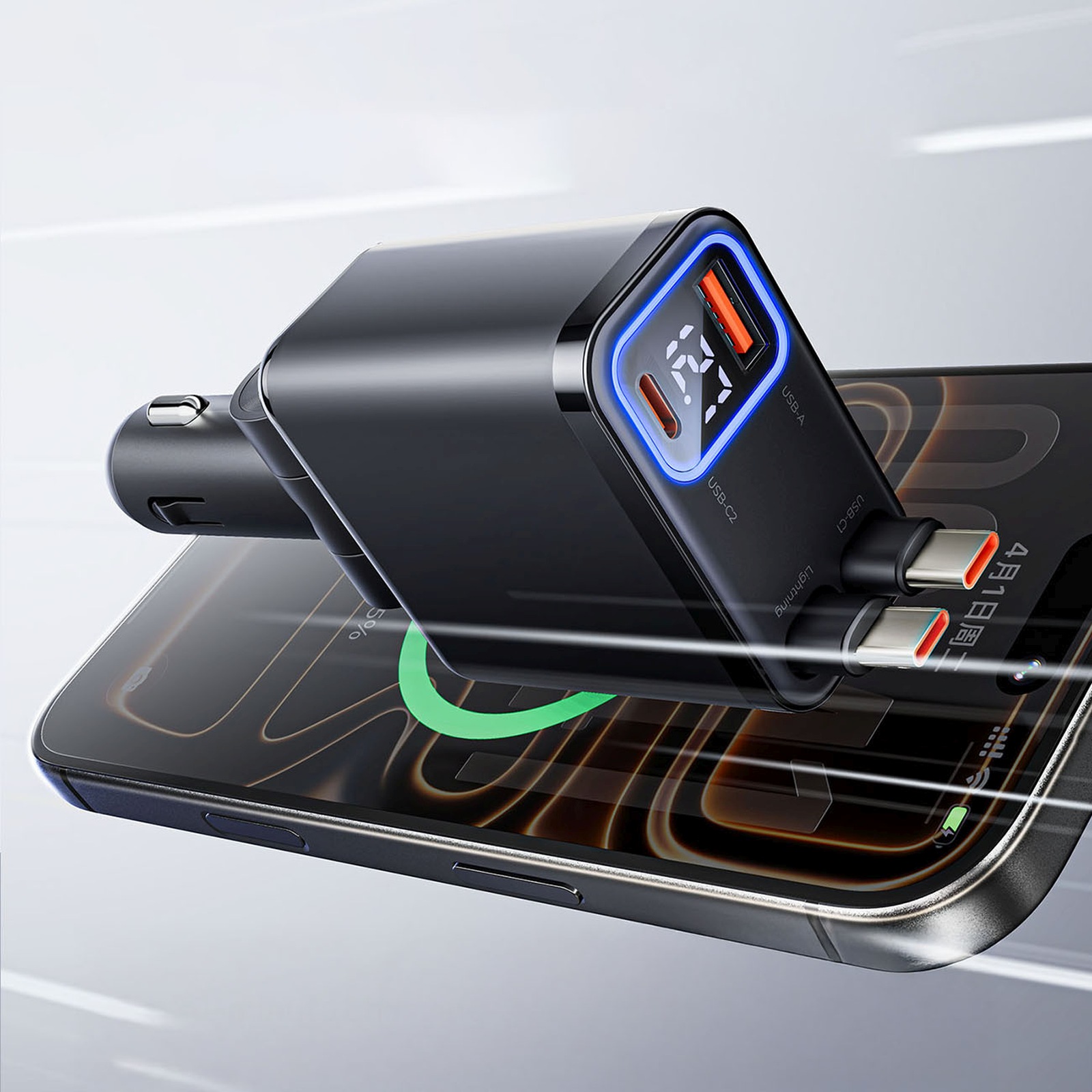 45 W Usb-a Ir Usb-c Automobilinis įkroviklis Su Susivyniojančiais Usb-c Kabeliais – Juodas