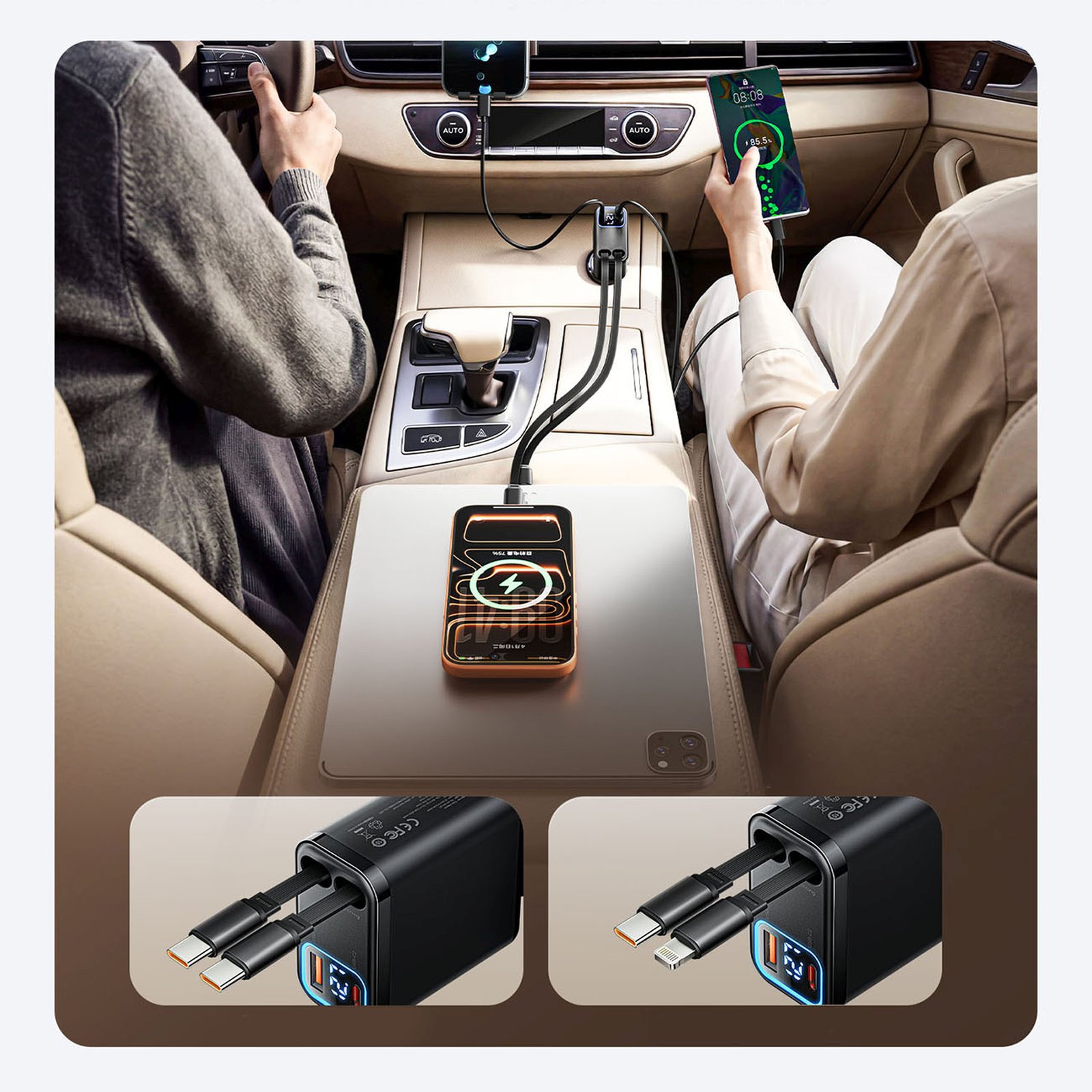 45 W Usb-a Ir Usb-c Automobilinis įkroviklis Su Susivyniojančiais Usb-c Kabeliais – Juodas