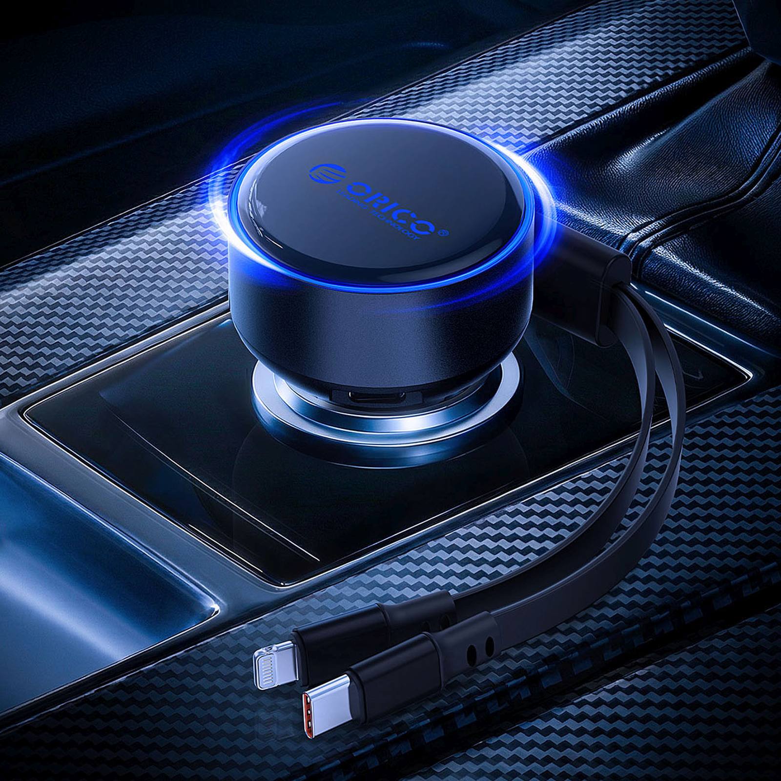 60 W Usb-c Automobilinis įkroviklis Su Susivyniojančiais Usb-c Ir „iphone Lightning“ Laidais – Juodas
